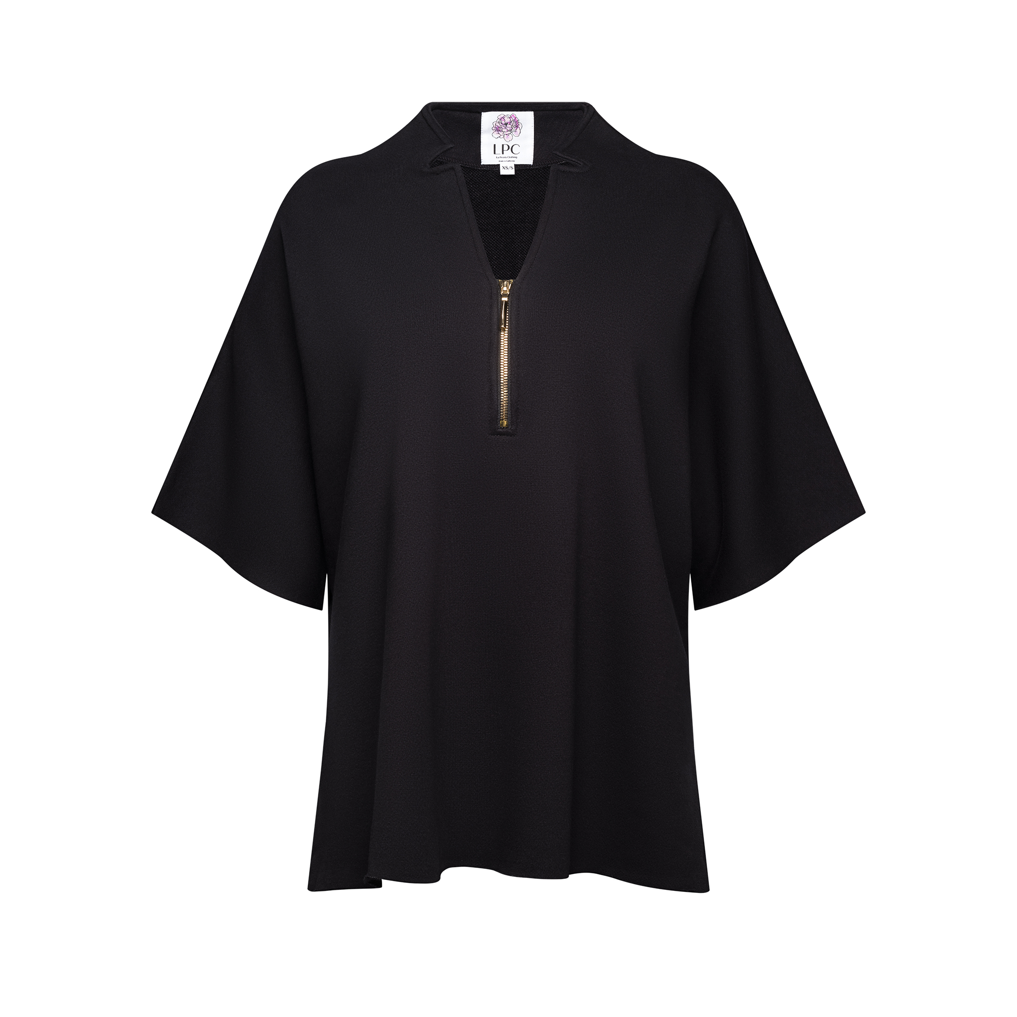 Luxury Italian Cotton Terry Oversize Top with LPC's signature neckline, premium gold half zip and side slits.  Available in black and white.  Two combo sizes of XS/S and M/L