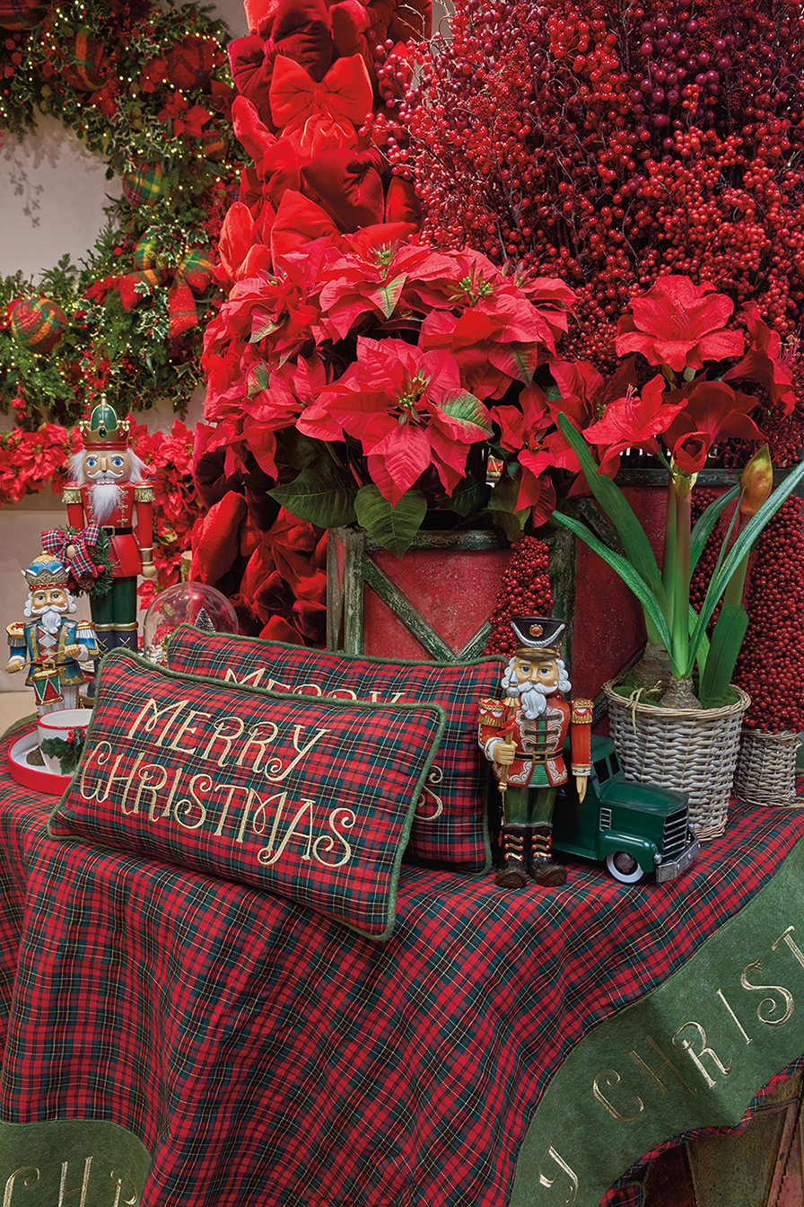 A warm red and plaid holiday scene