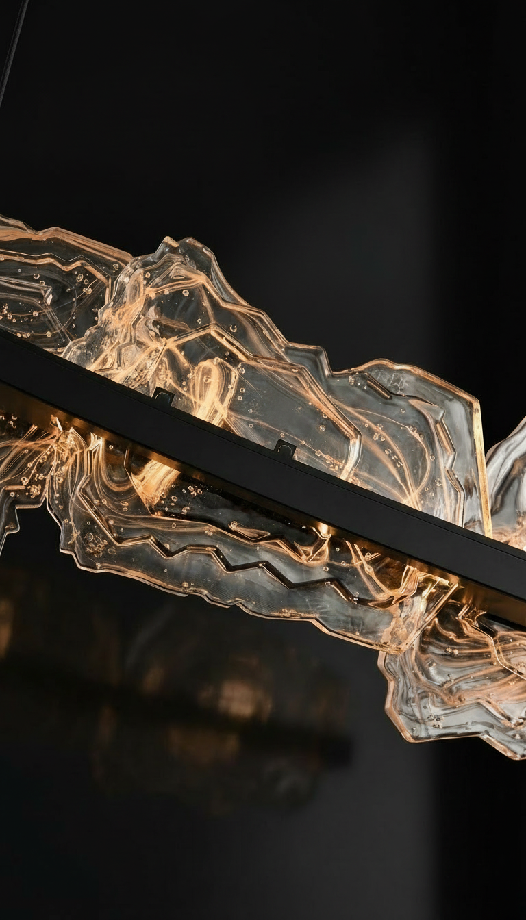 The Arcus Collection features five or seven handcrafted glass panels suspended along sweeping warm brass arcs, available in 50” and 70” designs. 