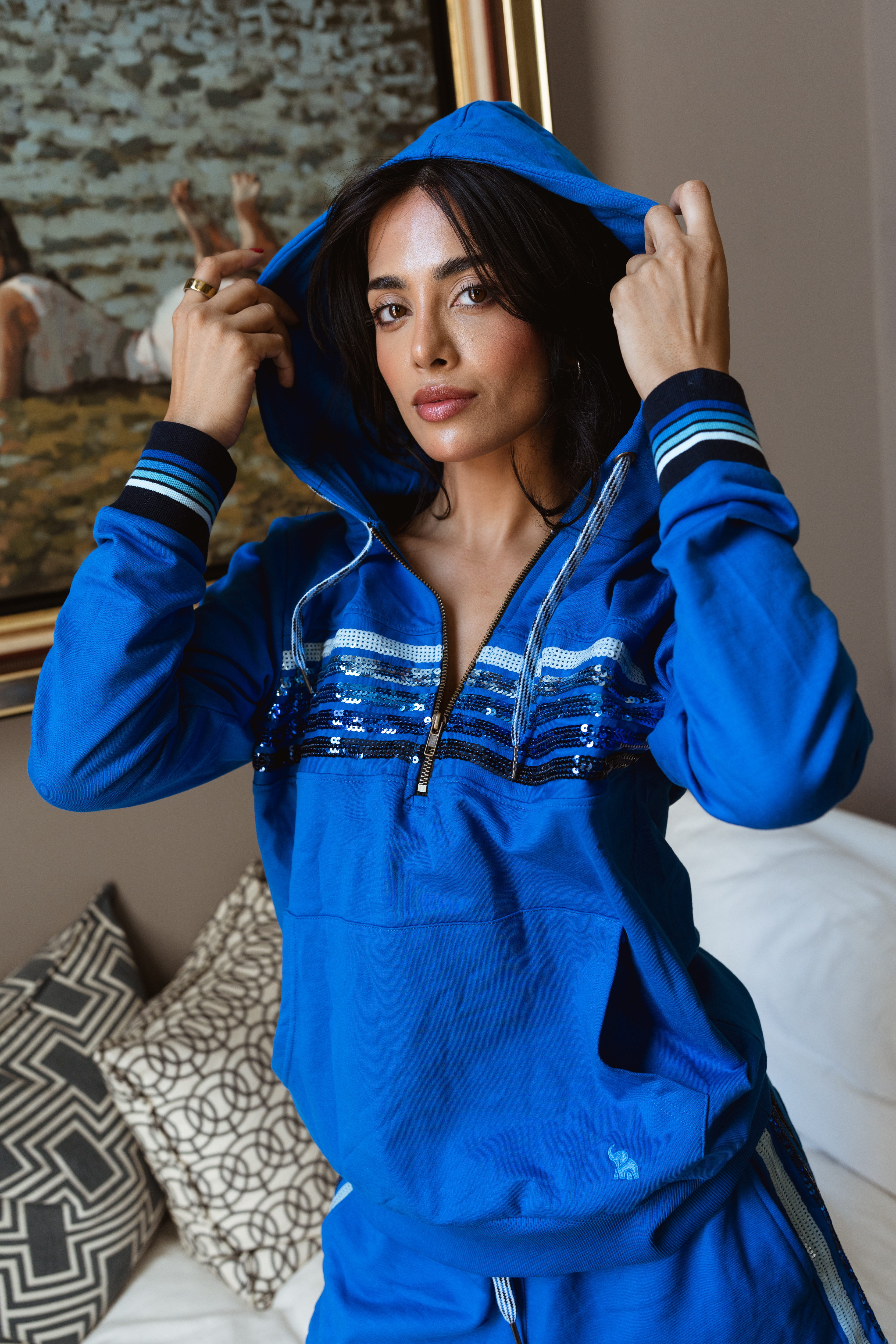 Regatta Blue Sequin Chest Stripe Half Zip Pullover Hoodie