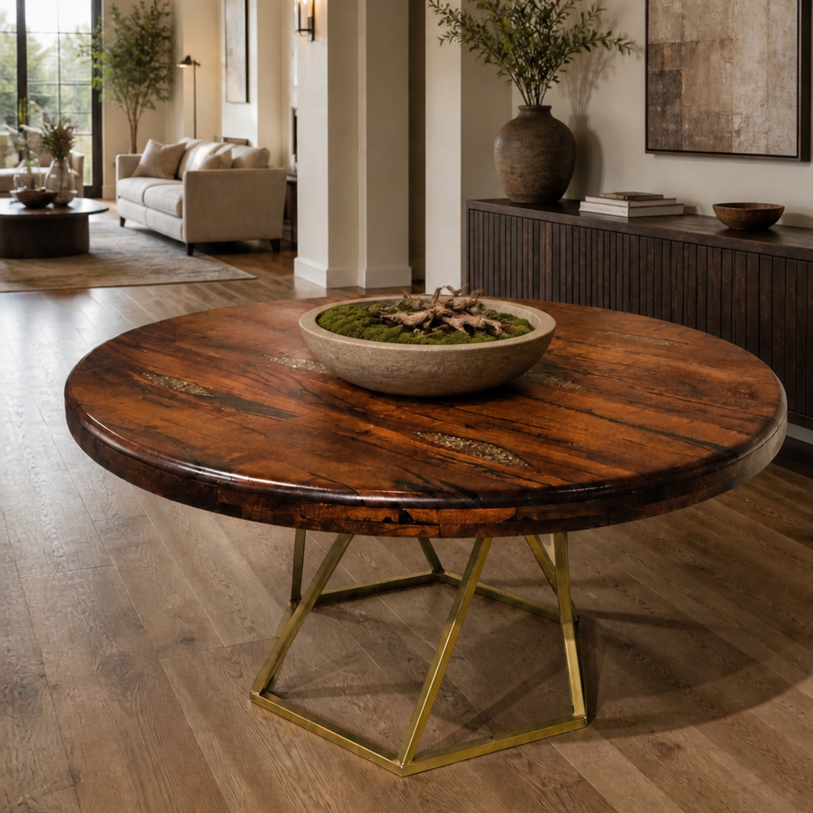 Discover the exquisite Mesquite Top Citrine Gemstone Inlay, a true statement piece. 💎 Its vibrant citrine gemstone is meticulously set, showcasing natural beauty and warm hues.  The geometric base,c