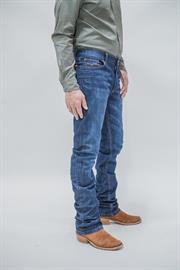 Mid-low rise, Blue-wash, Slim fit, Boot cut, Hand sanding with whisker details, Rear pocket details