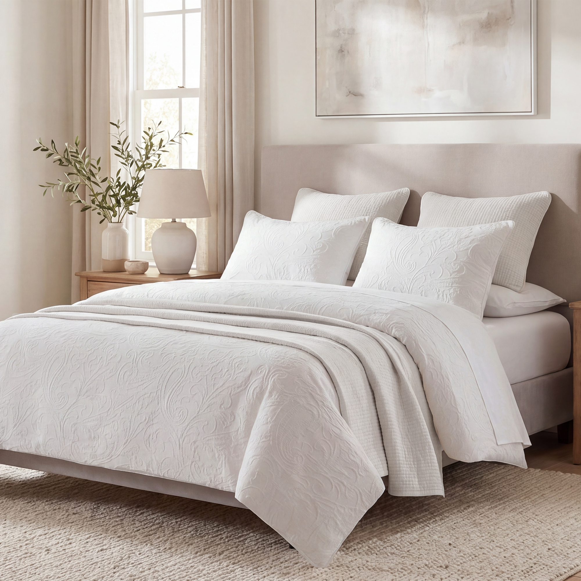 Heirloom paisley rendered in plush matelassé, woven for dimensional texture you can see and feel. Rich, collected, and quietly polished. Bedding with the presence of something handed down.