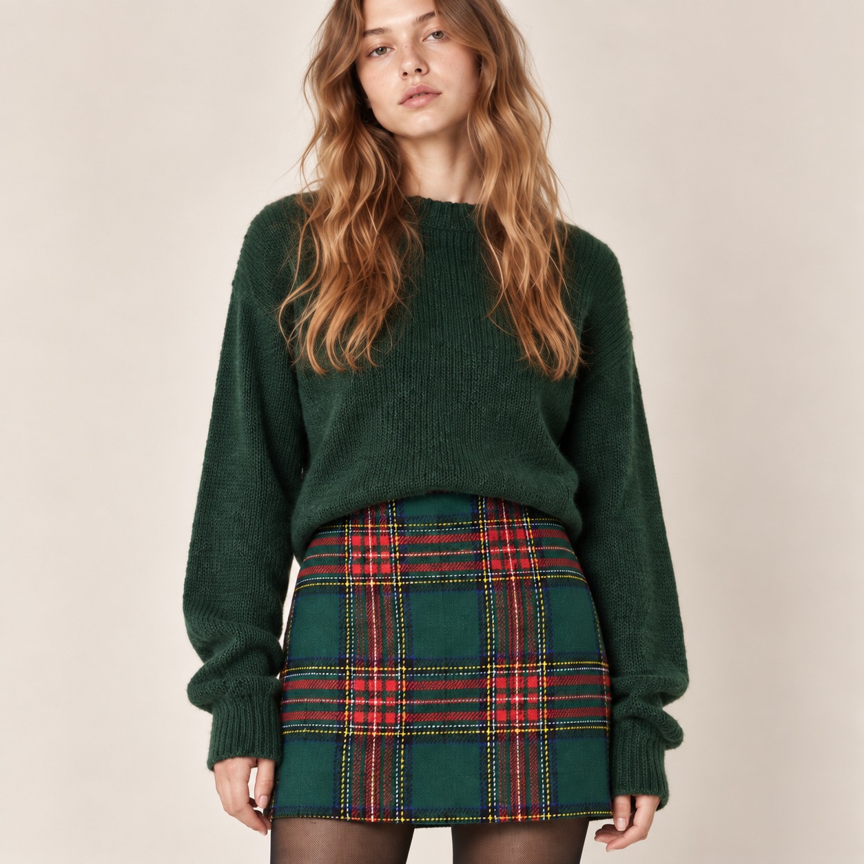 Classic plaid mini skirt with a high-waisted fit and flattering A-line silhouette. Made from soft woven fabric with a side zipper closure. An easy fall and winter styling piece.