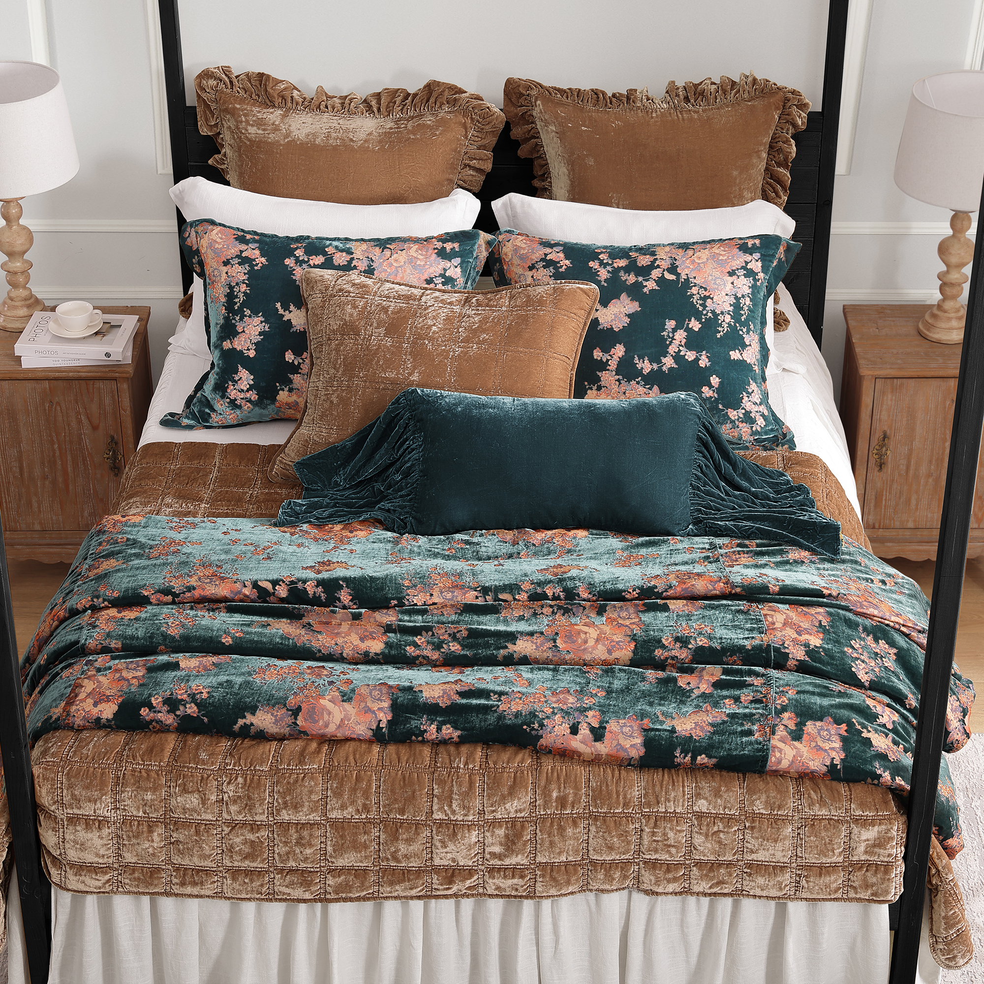 Soft faux silk velvet with a burnout floral motif brings luminous depth and drape, pairing elegant texture with lightweight, year-round comfort for a refined bedroom look.