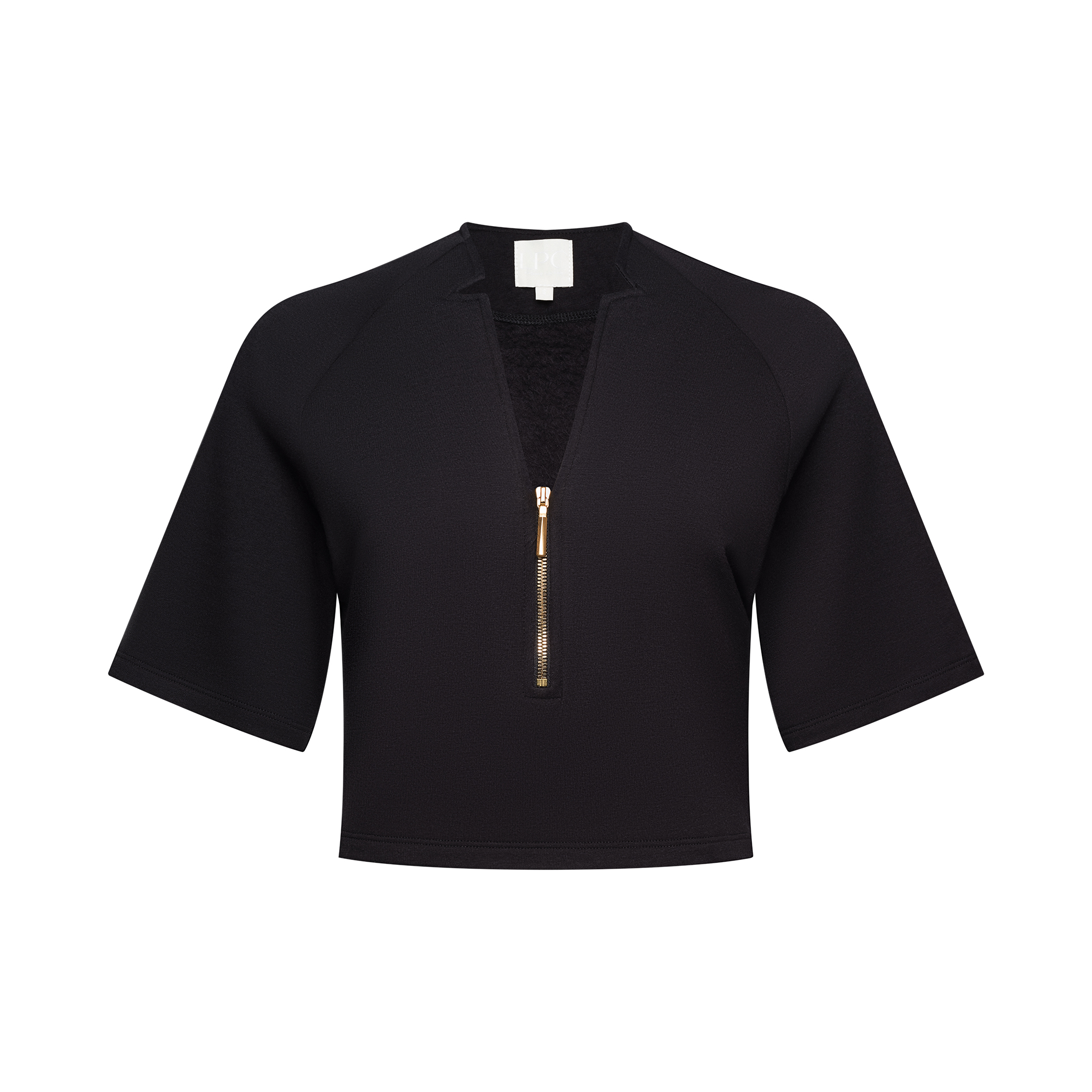 Hemp fleece with Elastane crop top with premium gold half zip.  Available in black.  XS-XL