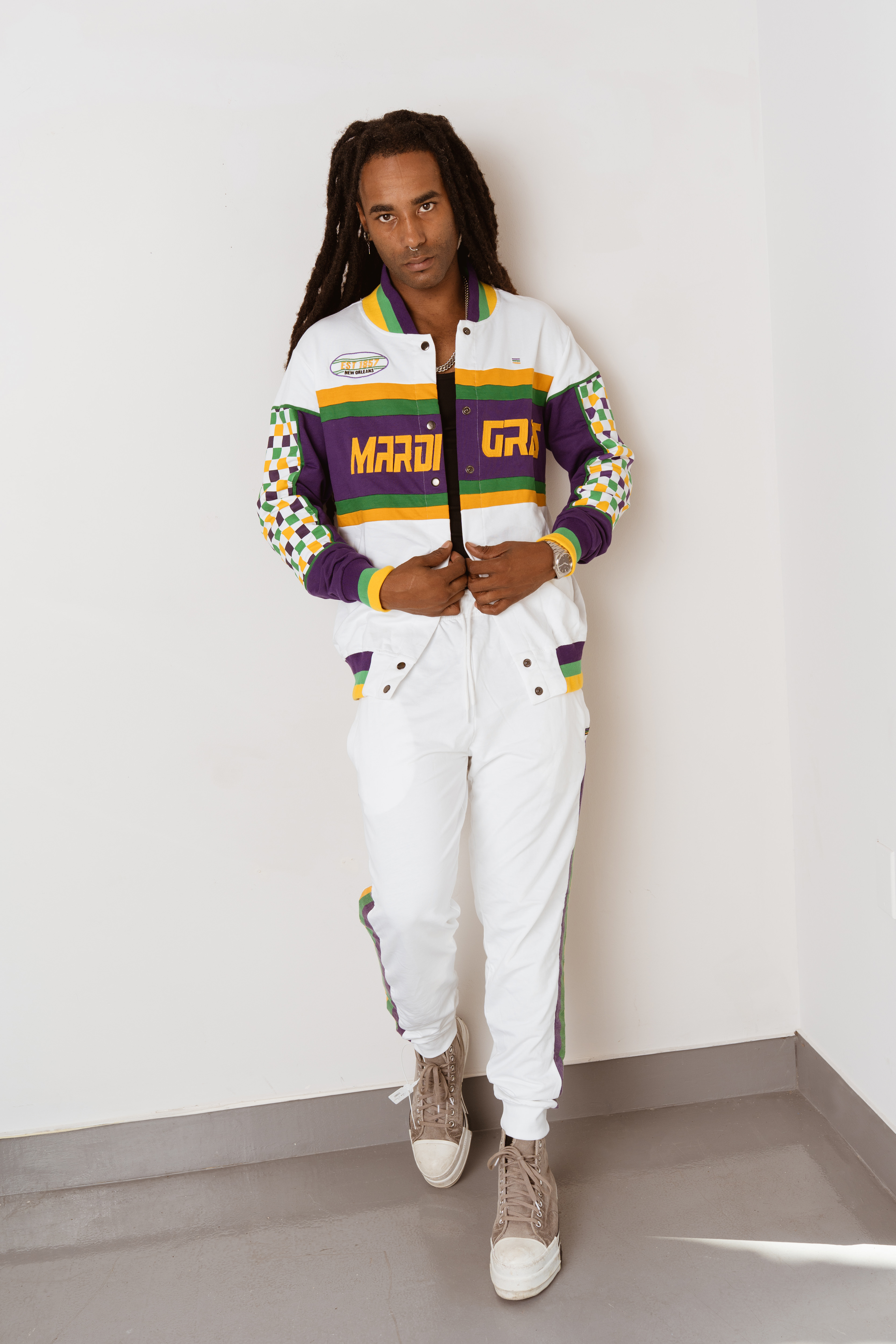 Adult Unisex Mardi Gras French Terry Racing Jacket with Purple, Green, and Gold Checker Print