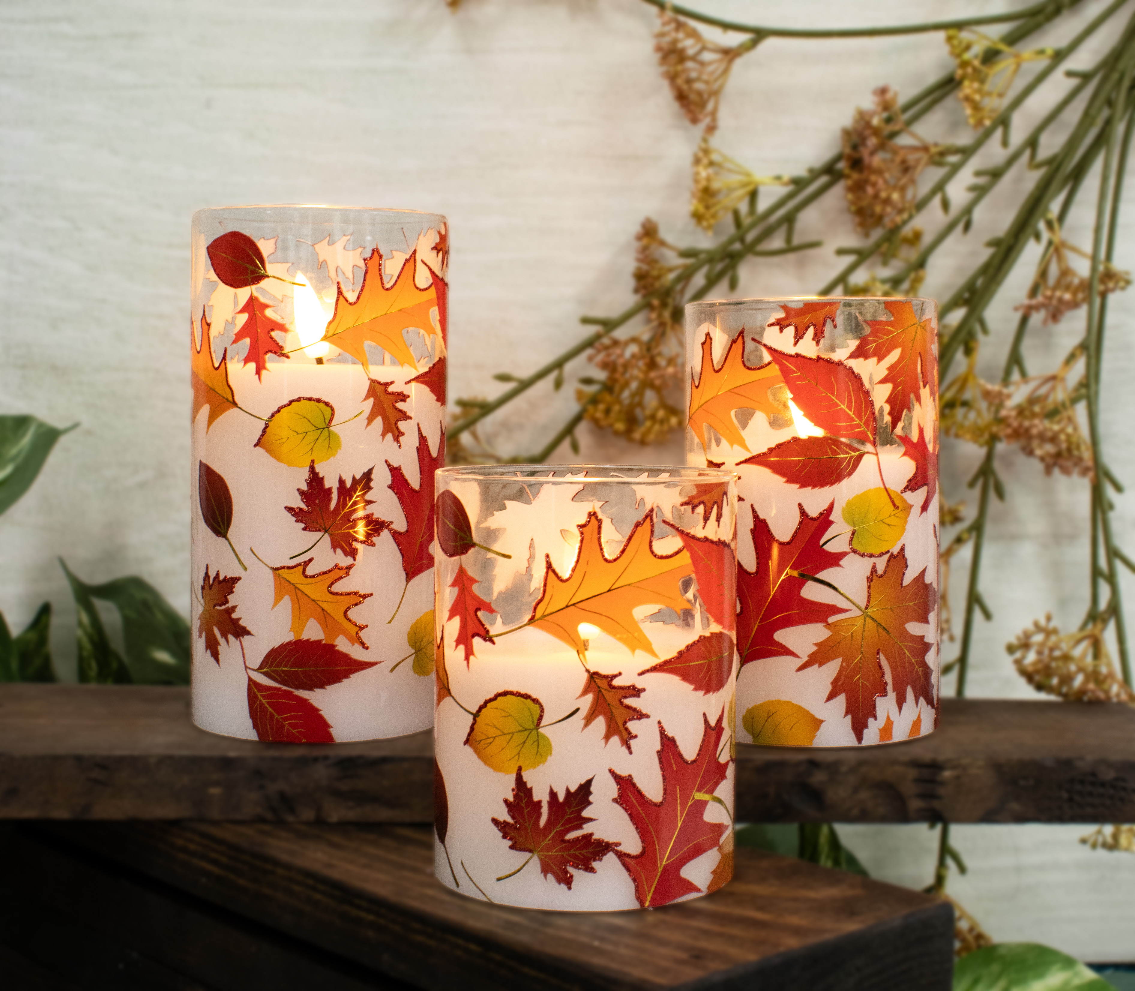 Set of 3 Glass LED Fall Leaves Candles