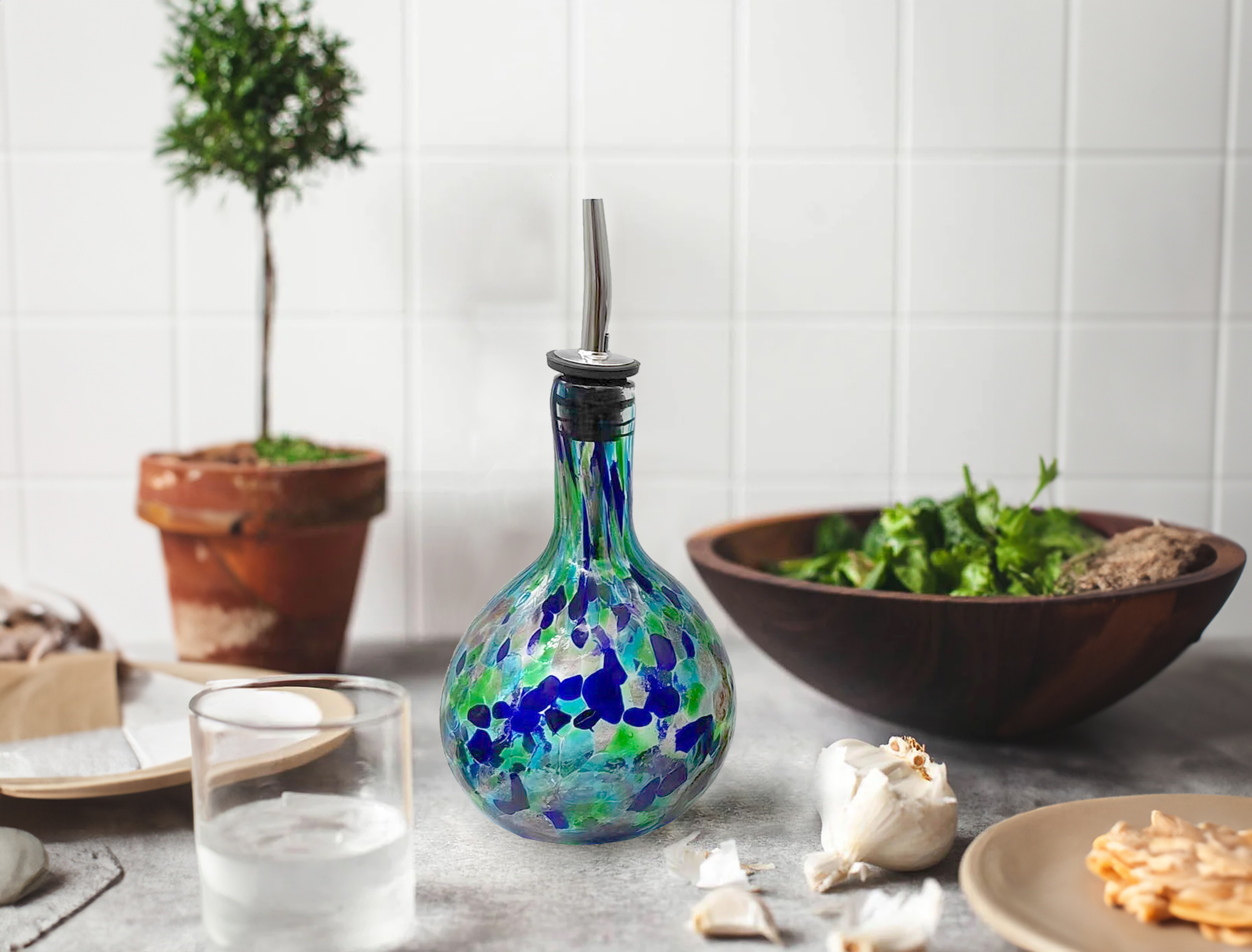 Hand Blown glass blue cruet for olive oil or vinegar