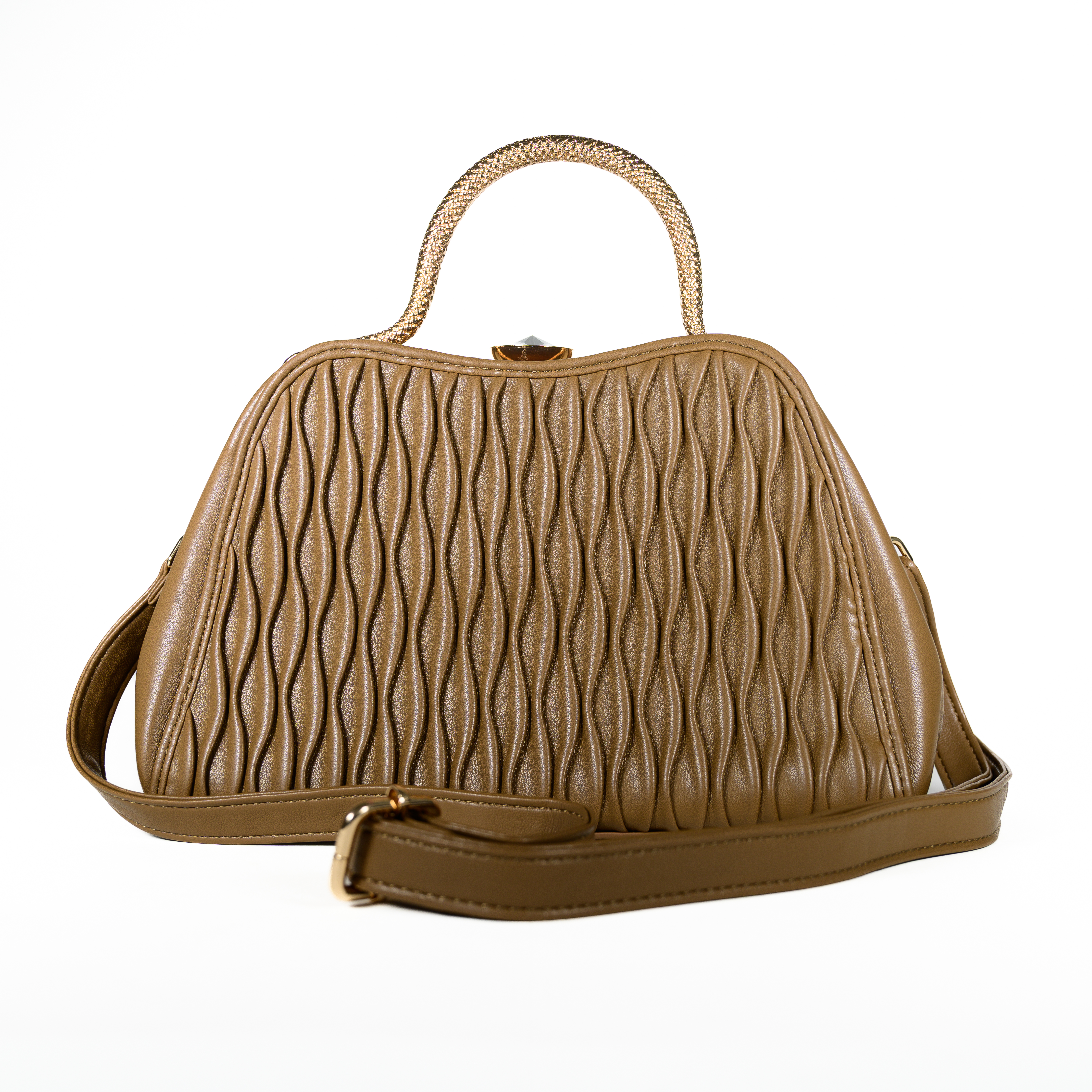 This stylish handbag is crafted from high-quality vegan leather, offering an eco-friendly alternative to traditional leather while maintaining a luxurious look and feel.