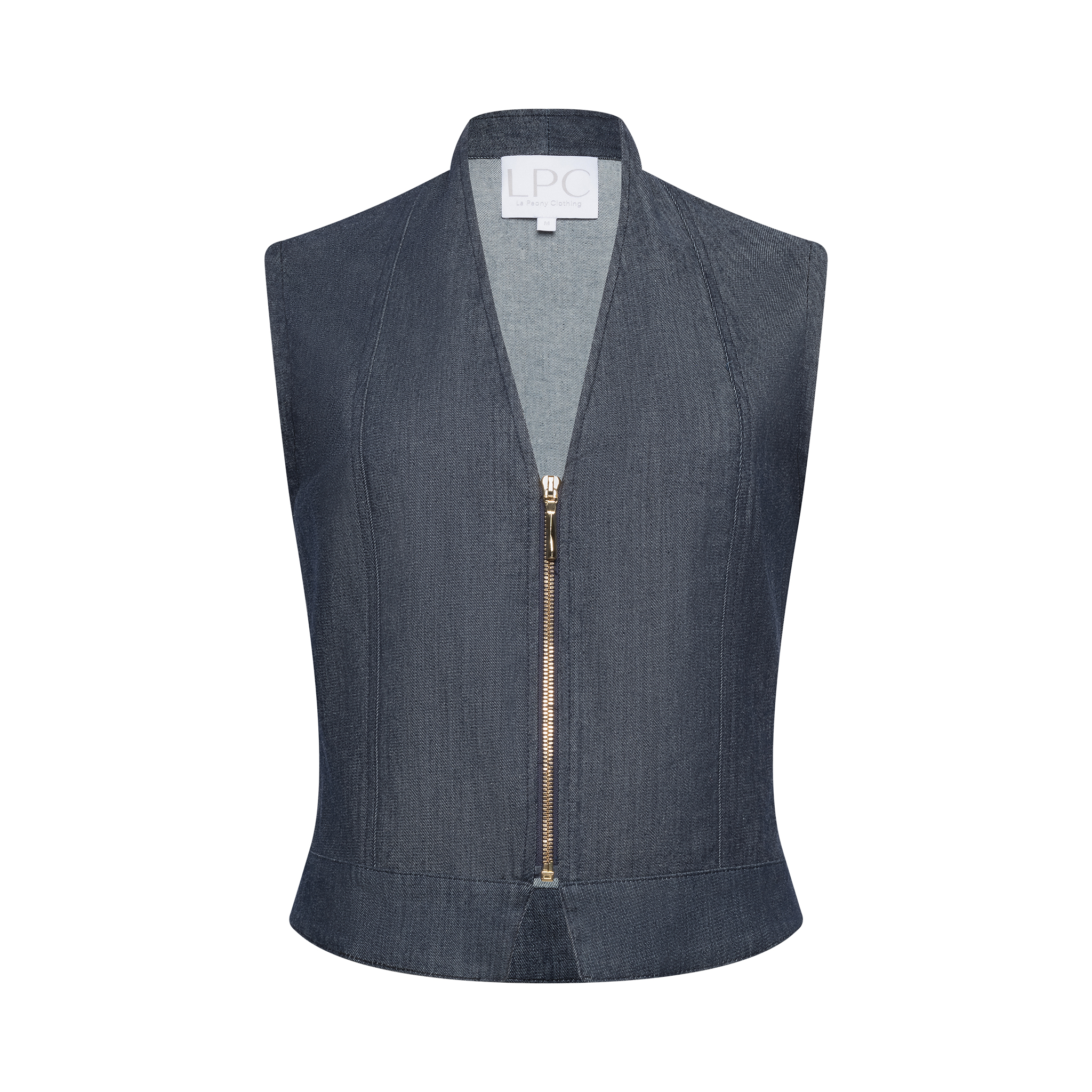 Luxury Italian Lightweight Denim Vest/Top with premium gold zip enclosure.  Fit is moderately cropped.  Indigo Enzyme Wash.  XS-XL