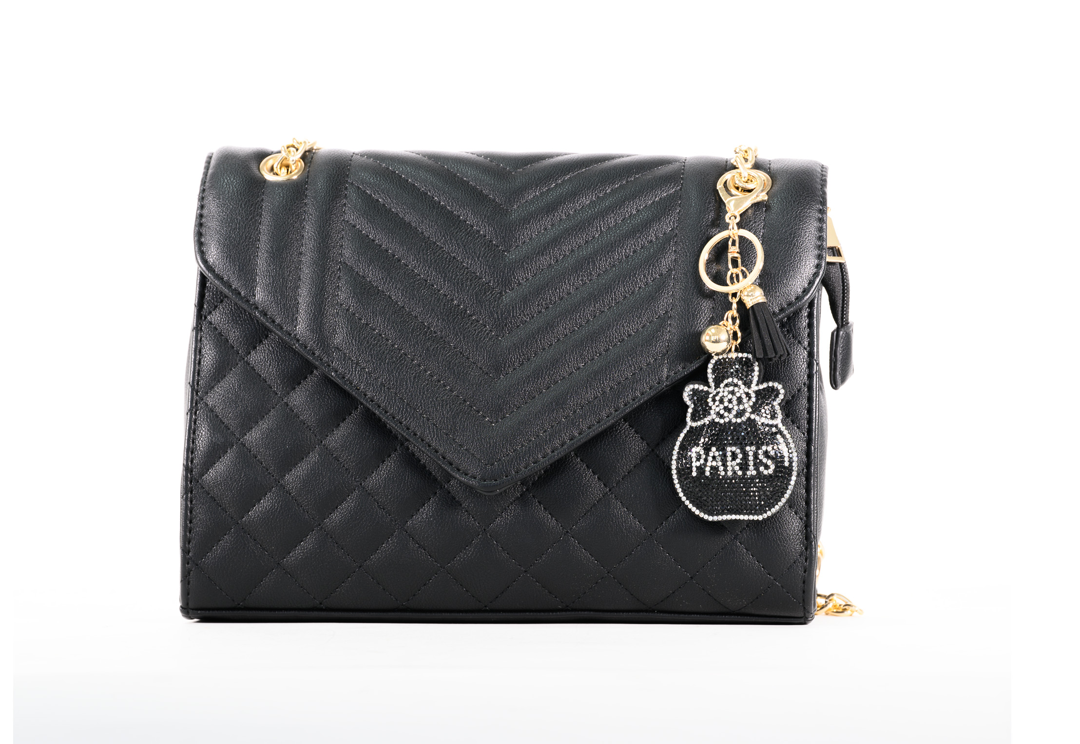 Timmy Woods Beverly Hills – Quilted Black Envelope Crossbody Bag with Matching Wallet & Crystallized Keychain.