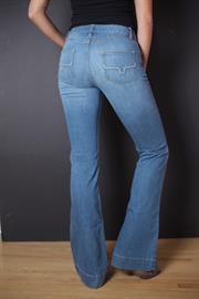 Tri-blend, blue-wash denim, Mid-rise, Trouser fit, Flared trouser cuffs.