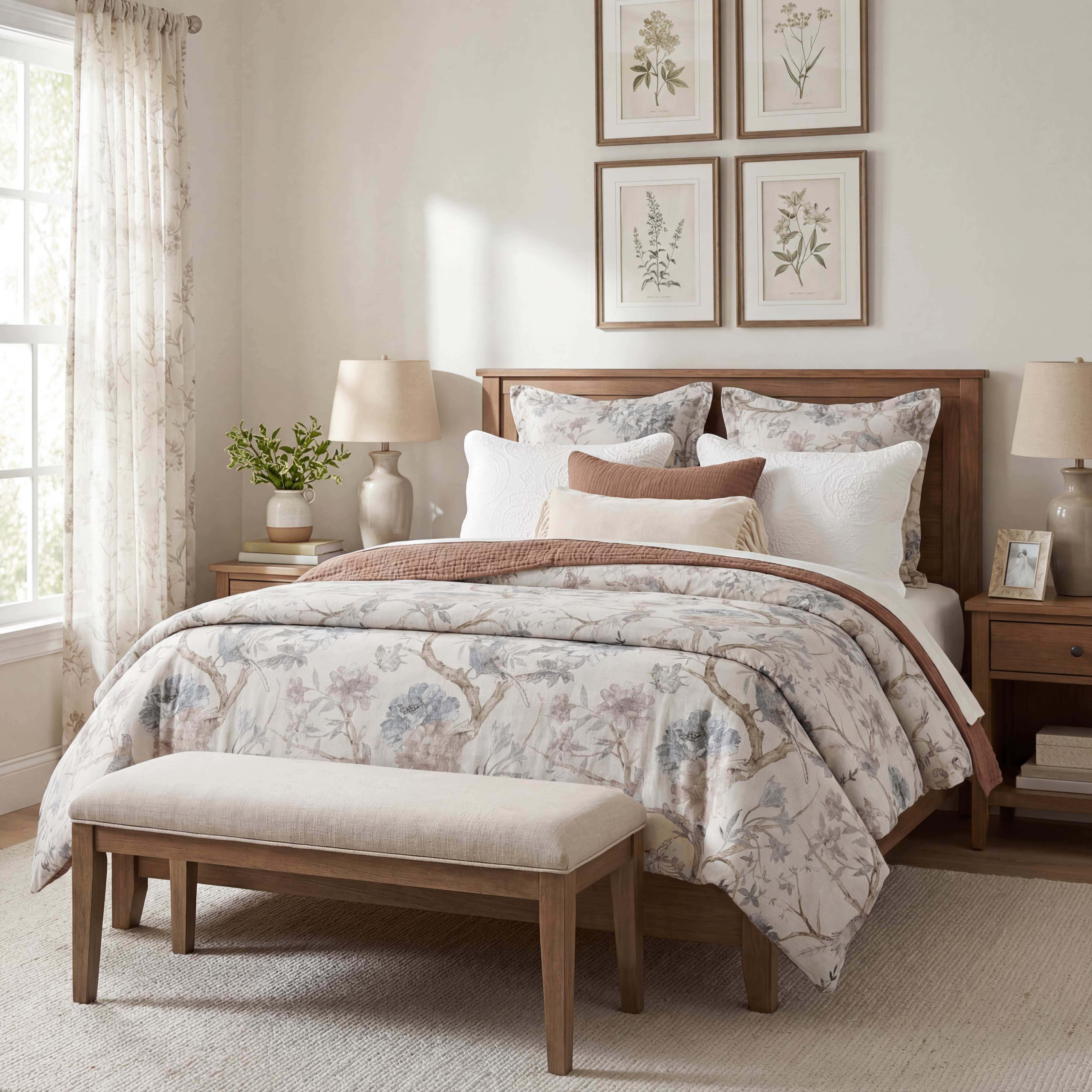 Painterly florals and birds unfold across a soft porcelain hue, printed on a washed linen blend for lightweight, breathable comfort and an artful, refined bedroom statement year-round.