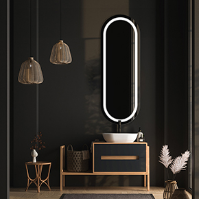 Saratoga lighted mirror with one continuous line of light framing the interior of the mirror behind frosted glass with polished edges featuring 12 in. radius in a “pill shaped” style.