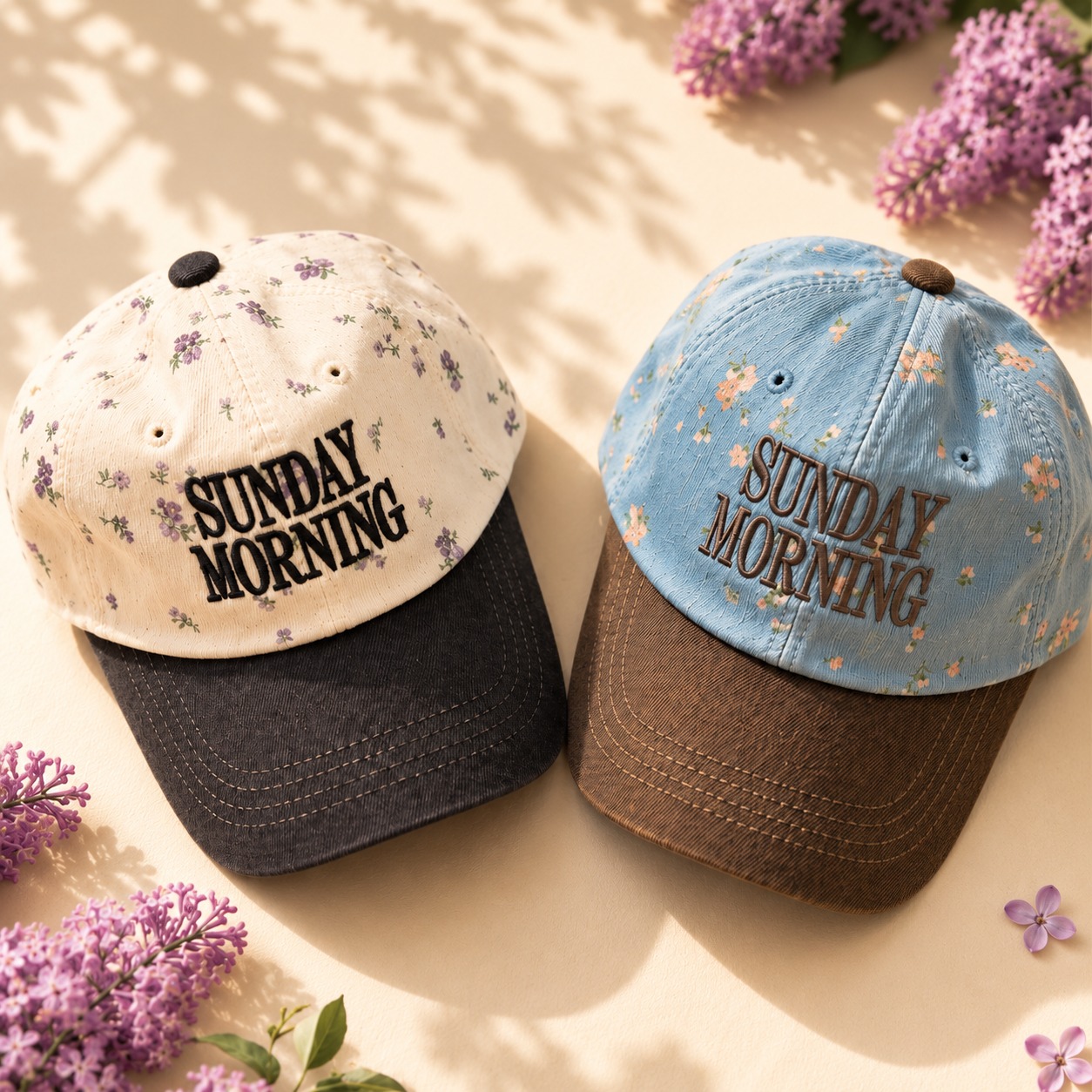 Embroidered “SUNDAY MORNING” cap with vintage floral print, contrast brim, and washed distressed finish with adjustable back for a relaxed everyday fit