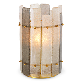 This stunning hurricane lamp features a vintage brass finish and a hand-blown glass shade in a captivating grey hue. 