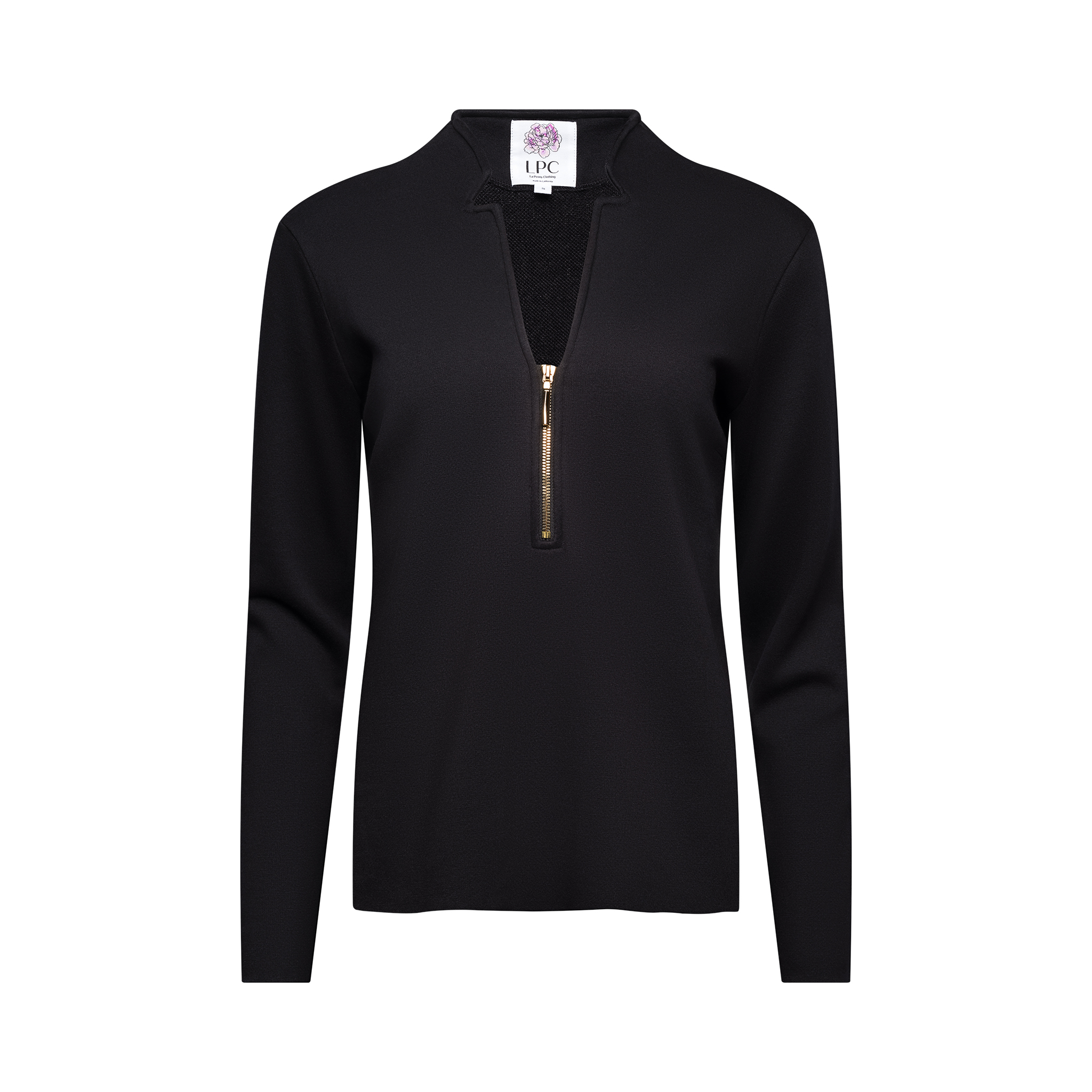 Luxury Italian Cotton Terry Long Sleeve Top with premium gold half zip.  This top features LPC's signature notched neckline.  Available in black, white and navy.  XS-XL