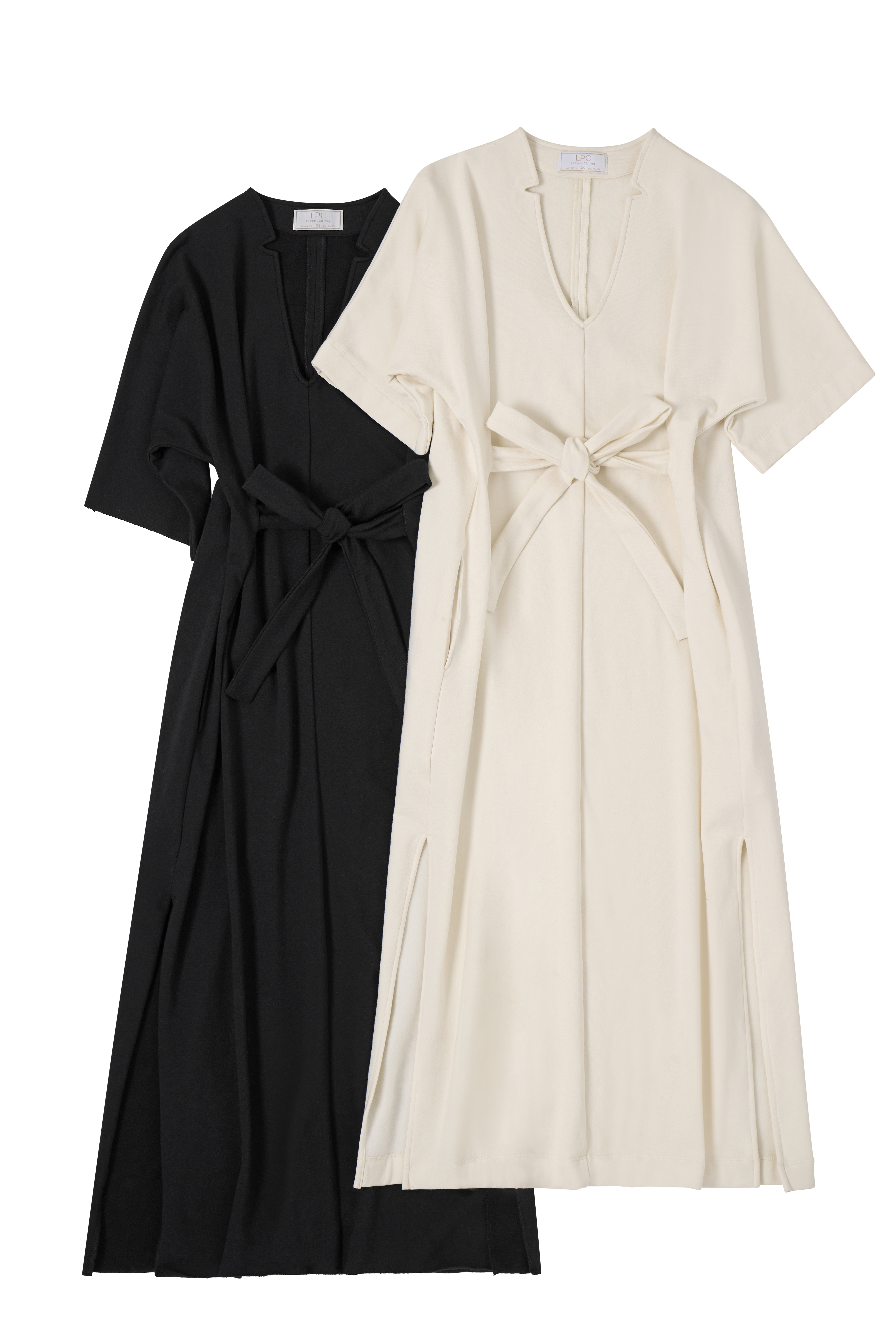 Tencel Modal Cotton with Elastane Fleece long dress with removable belt that pairs through built-in openings for maximum style and comfort.  Available in cream, black and coastal gray.  XS-XL