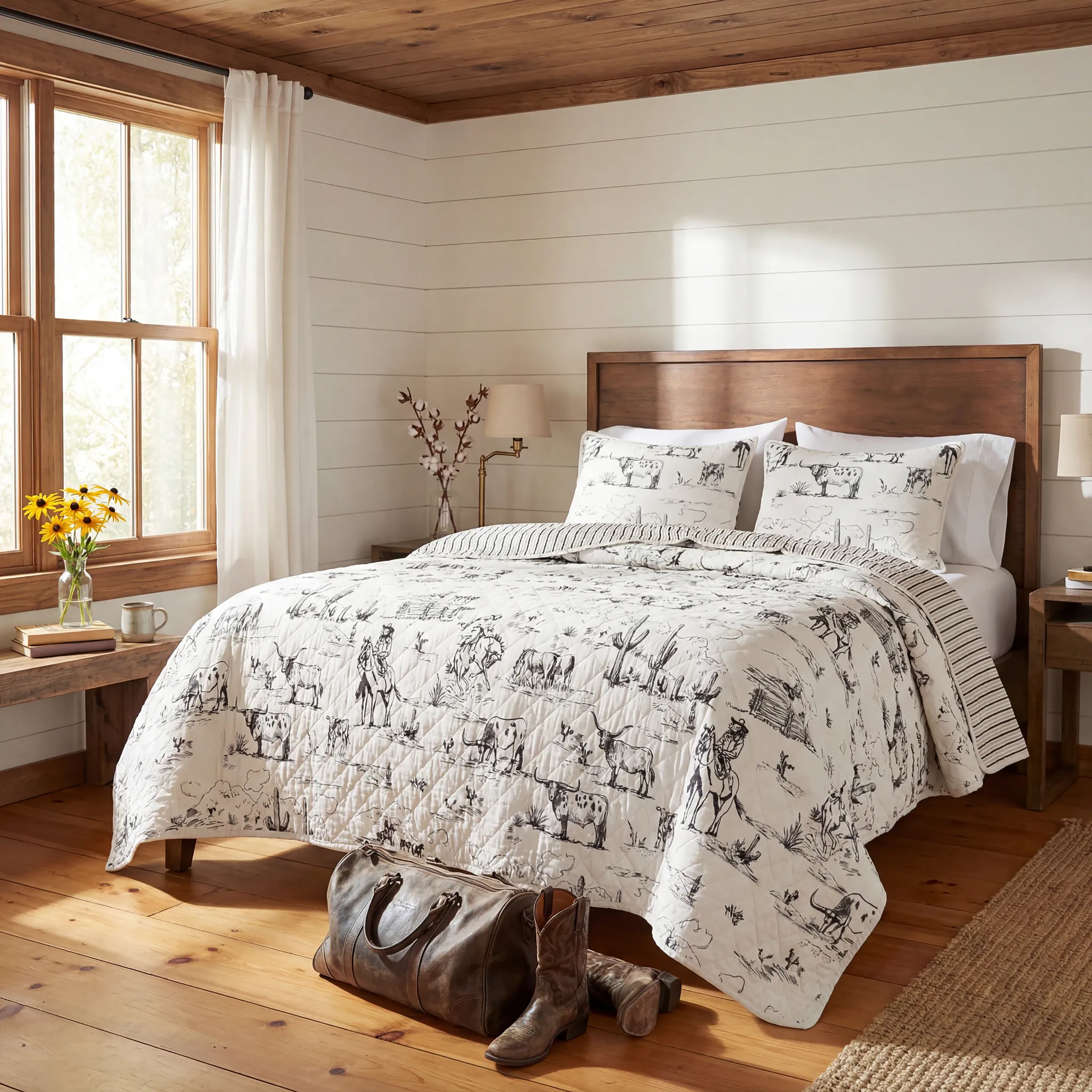 Western-toile scenes of cowboys and desert life in black-and-white bring frontier charm, with a reversible striped side for versatile, breathable cotton comfort year-round.