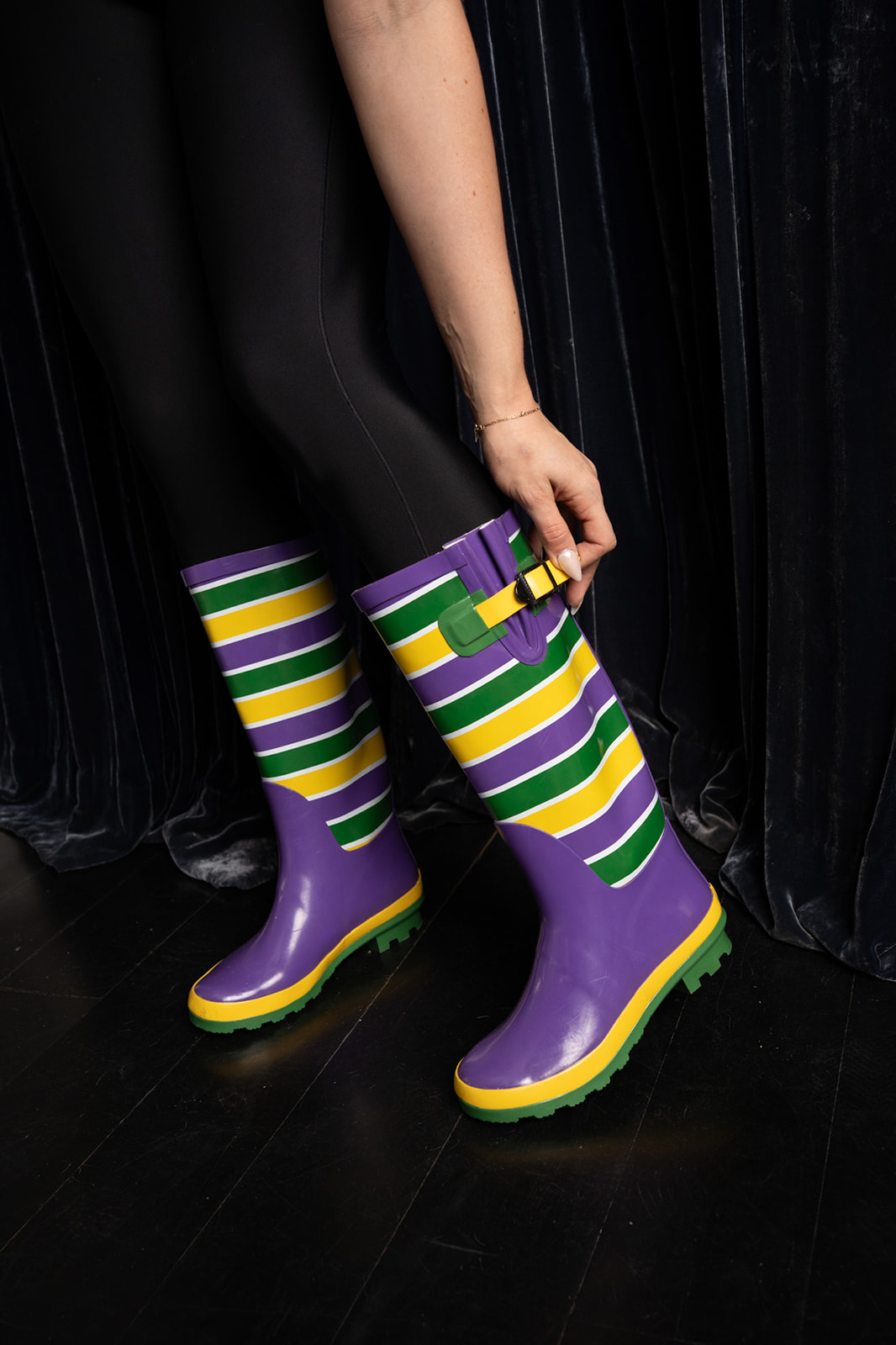 Unisex Adult Striped Rain Boots with Buckle in Purple, Green, and Gold