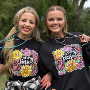 We are all so very blessed! A beautiful floral design hand-painted by our own Callie Ann!  Shown on a solid black t-shirt and crew neck sweatshirt.