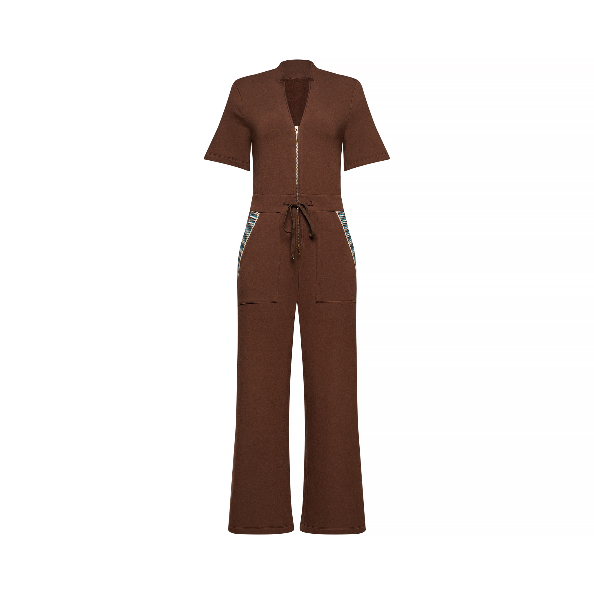 Tencel Modal Cotton Fleece with Elastane Jumpsuit with 100% cotton Artisanally made pocket trim made in Oaxaca, Mexico.  Available in brown, cream and black.  XS-XL