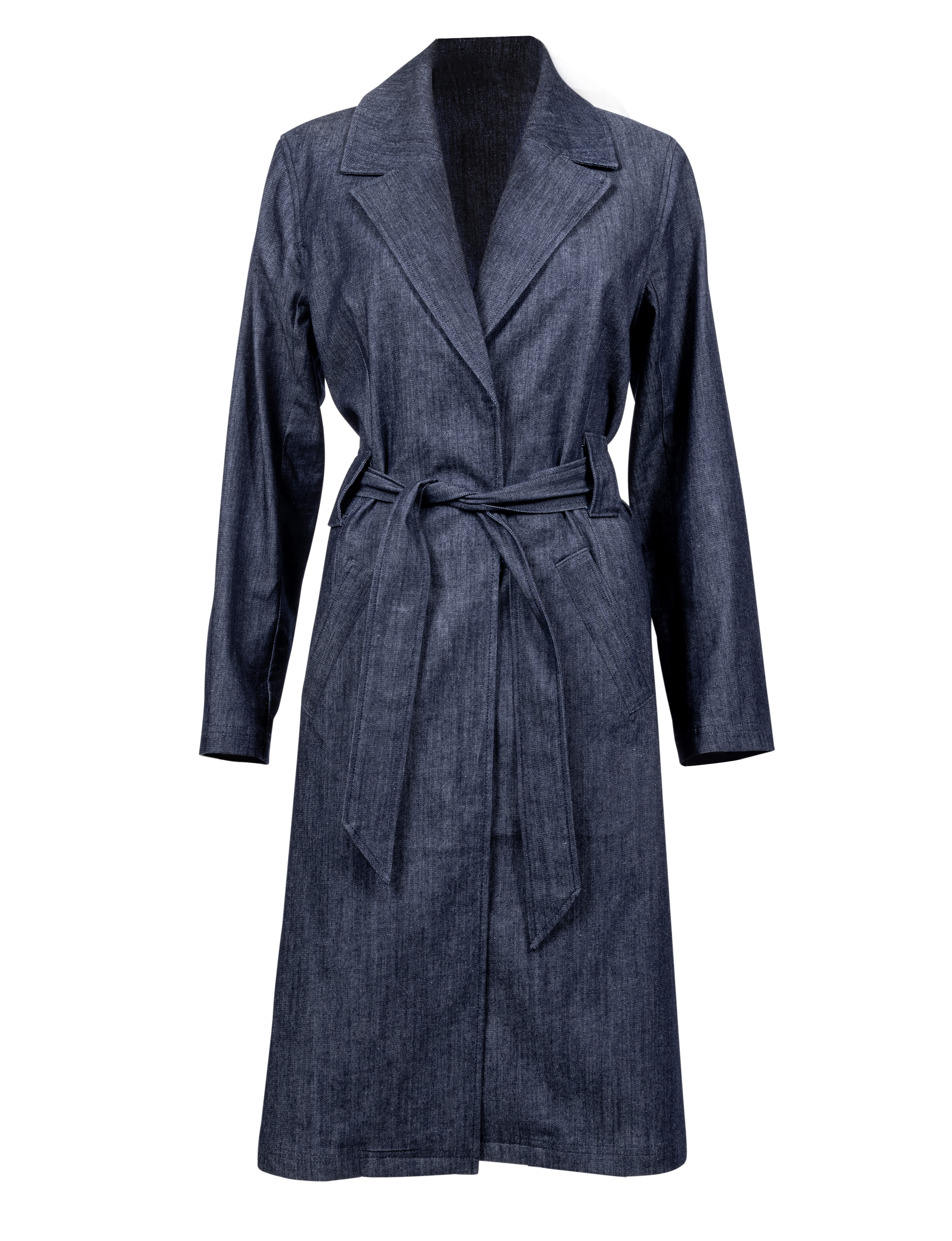 Luxury Italian Lightweight Denim Trench Coat with optional denim self tie belt hits at or below knee.  Indigo enzyme wash.  XS-XL