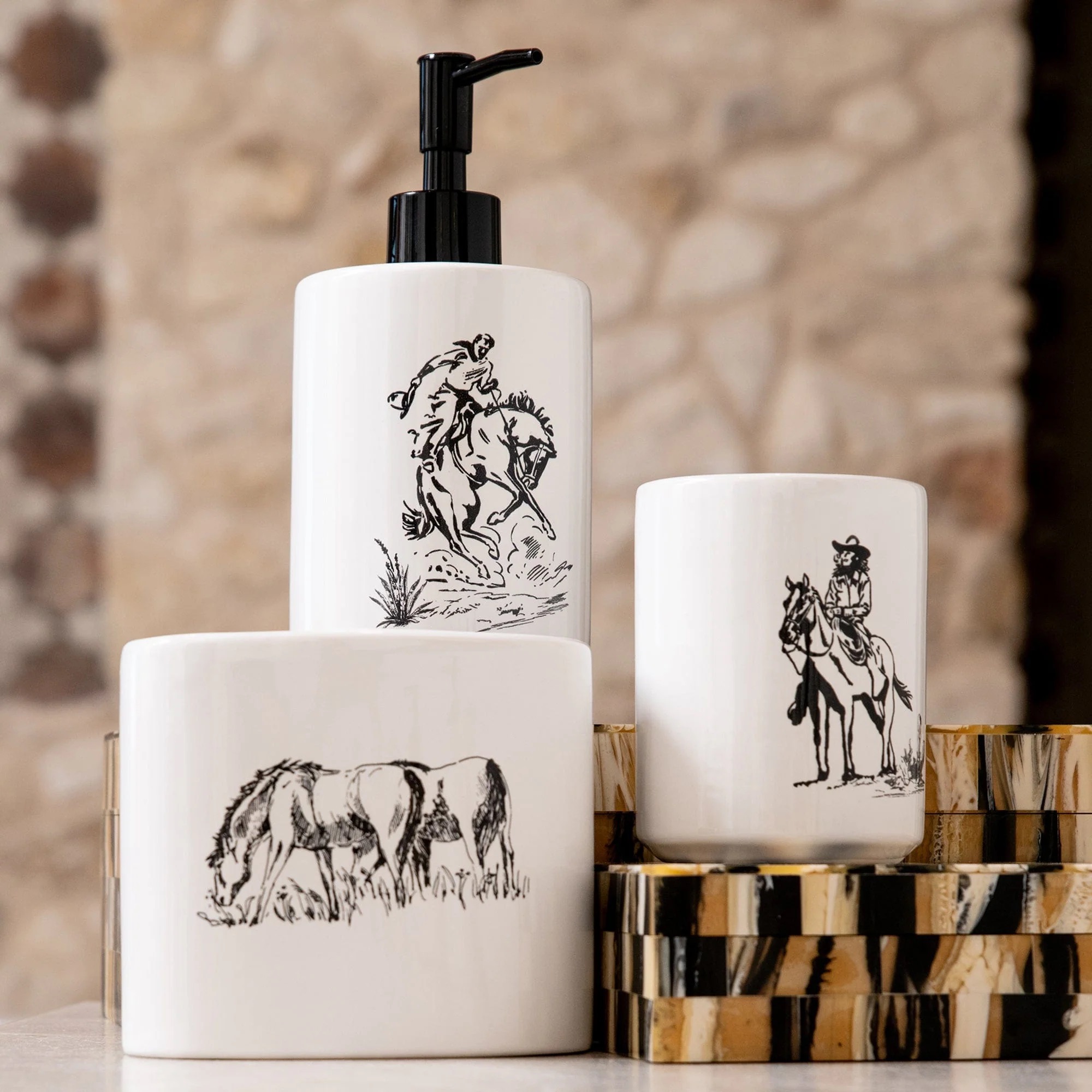 Decorate your bathroom countertop with natural scenes of the American frontier with our Ranch Life Countertop Bathroom Set.