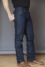 Higher rise, Blue-wash denim, Straight fit, Straight boot leg, Integrated knife pocket.