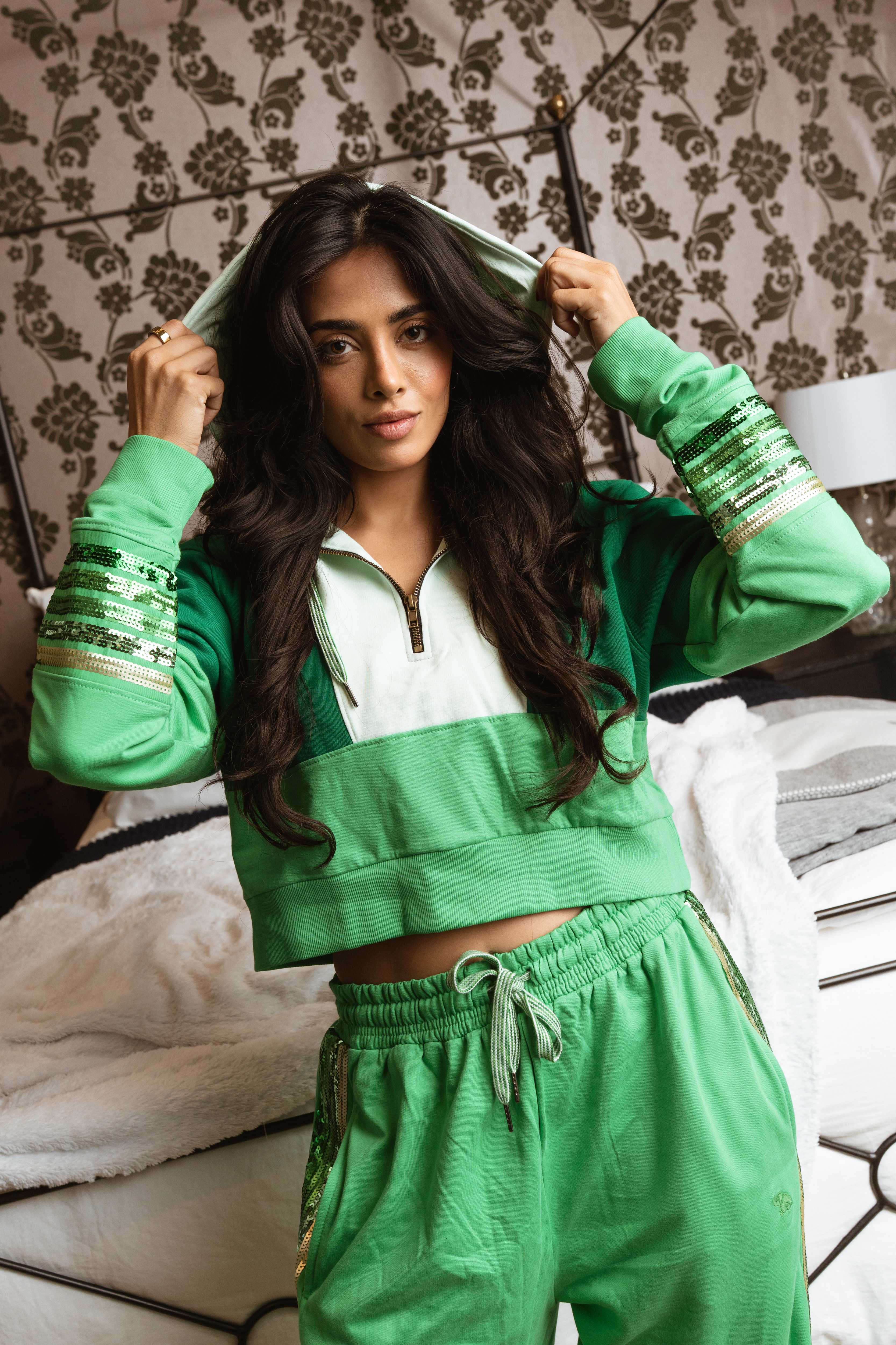 Palm Sequin Arm Stripes Half Zip Color Block Crop Hoodie 