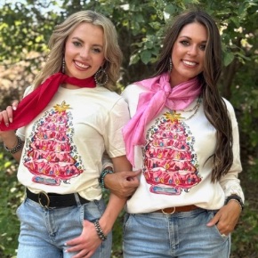 Rockin' around the Christmas tree, let the Christmas spirit ring!  Shown on a Bella Canvas natural t-shirt and a Jerzees crew neck sweatshirt.