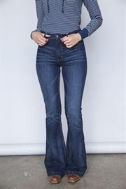 Dark wash denim, Ultra-high rise, Super wide flare leg, Hand-sanding whisker details