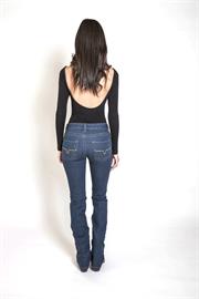 Blue-wash, Tri-blend denims, Mid-rise waist, Slimming lines.
