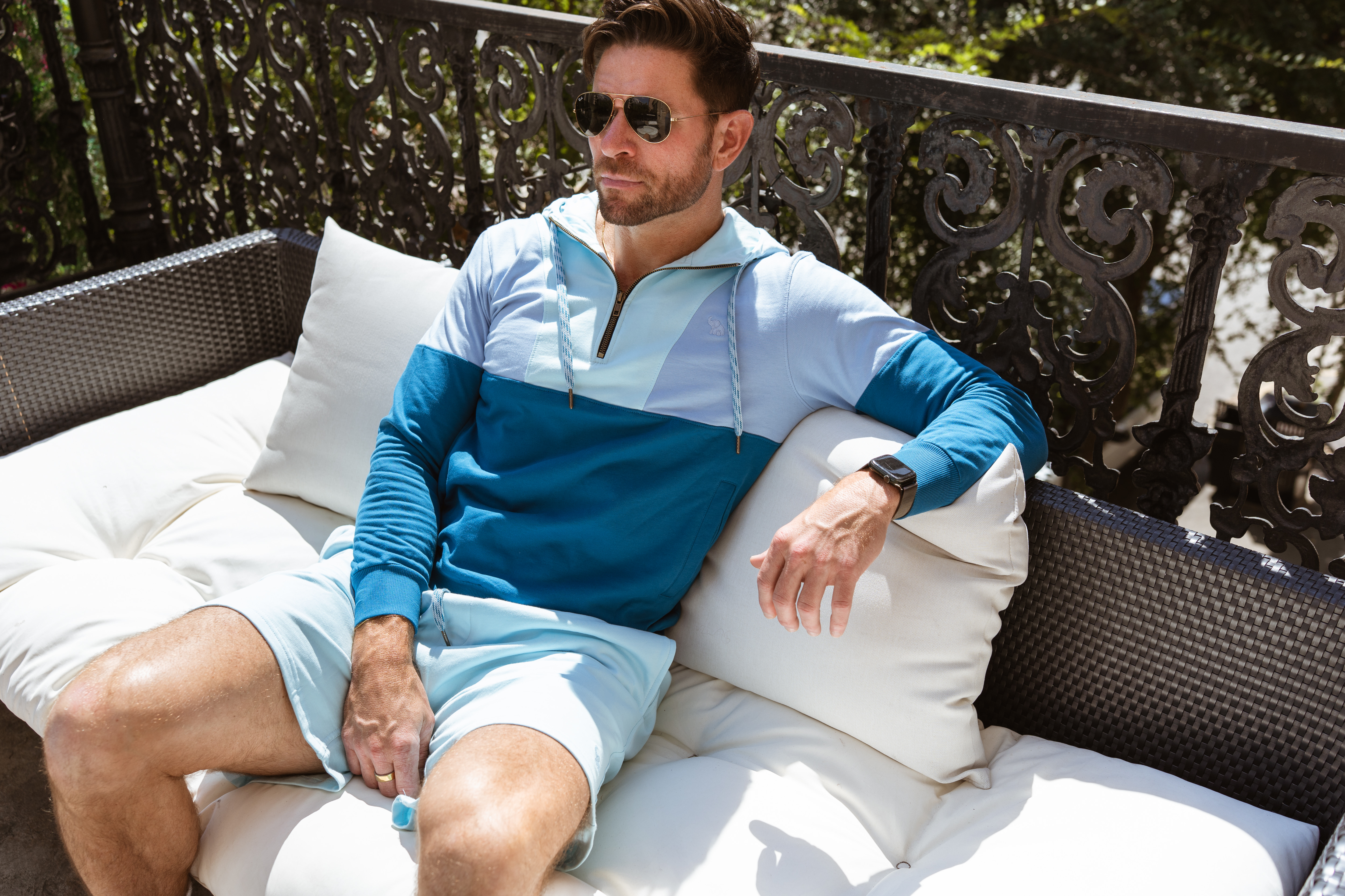Echo Blue Vintage Color Block Pullover Hoodie
