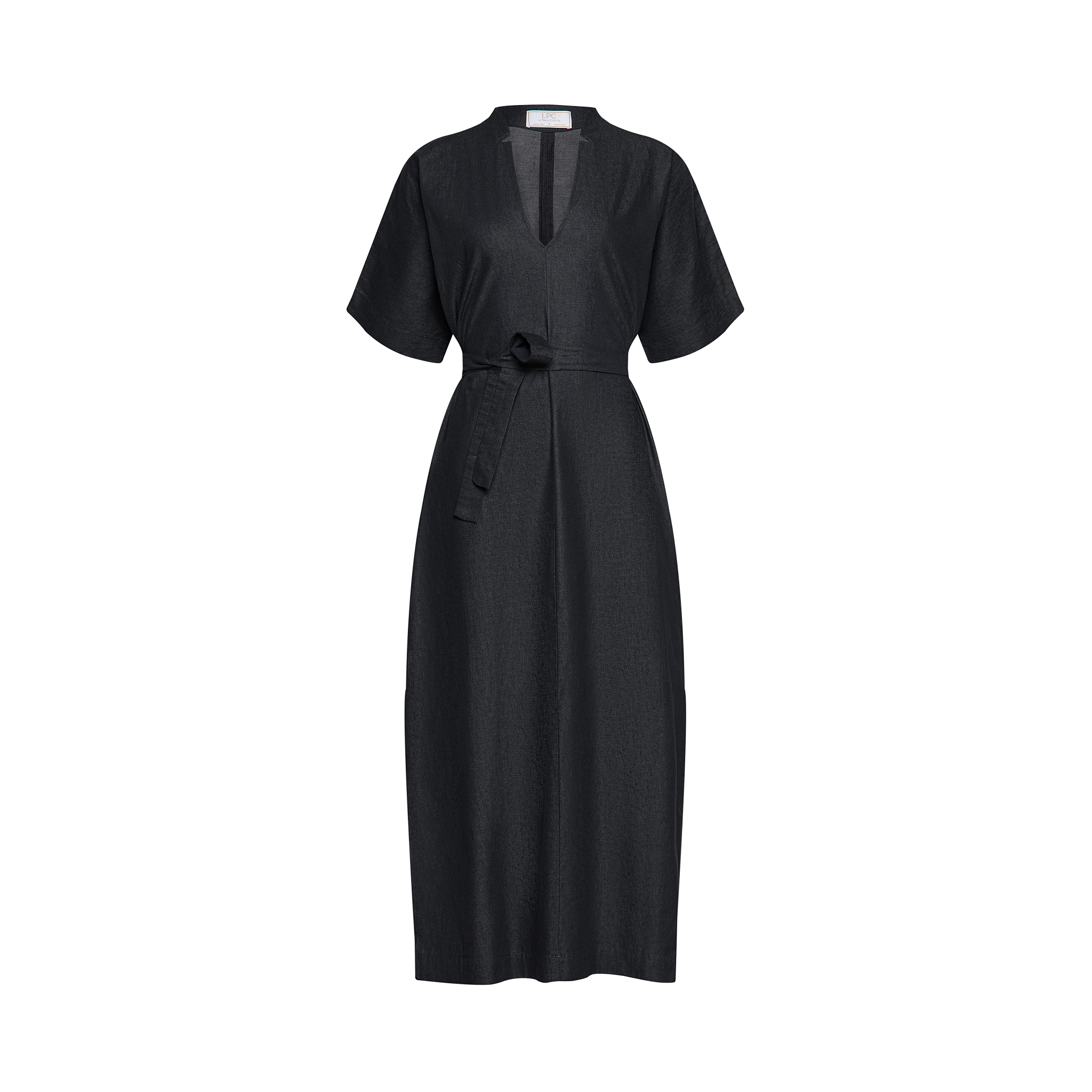 Luxury Italian Cotton Cashmere Caftan.  This lightweight, breathable long dress features removable self tie belt, signature LPC neckline and two side slits.  Available in Indigo dark wash.  XS-XL