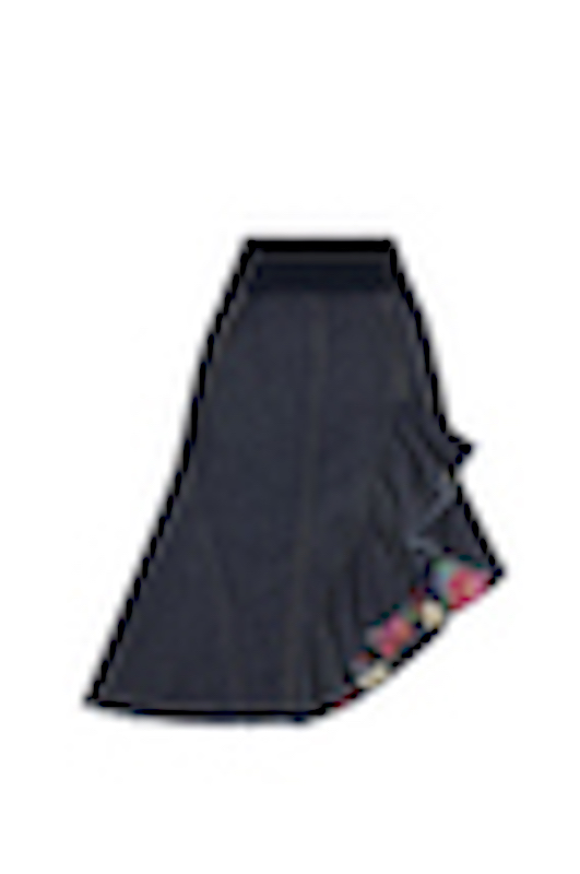 Luxury Italian Lightweight Denim Skirt with tonal Italian rib waistband.  Features a waterfall style ruffle lined in LPC custom floral print Tencel.  Comes in Indigo enzyme wash.  XS-L