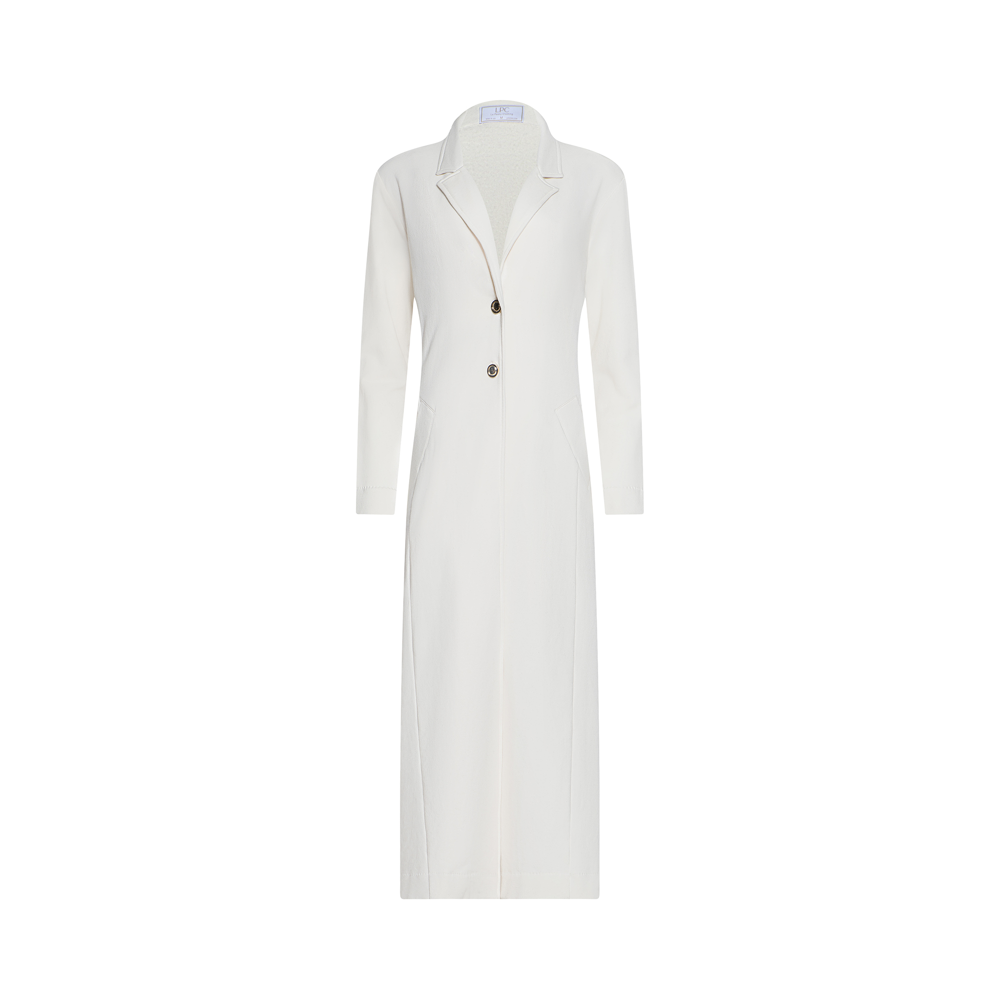 Tencel Modal Cotton Fleece with Elastane Long Coat.  This full length coat features two premium gold button enclosure and pockets.  Available in cream, black and coastal gray.  XS-XL