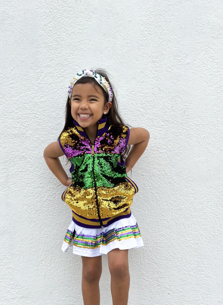 Youth Sequin Mardi Gras Skort in White and Sequin Stripe Vest