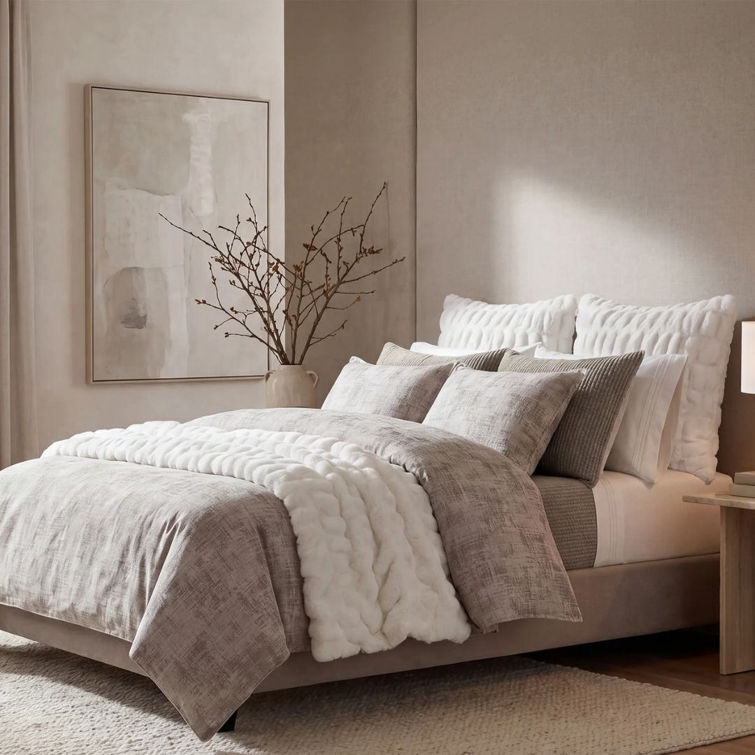 Inspired by abstract charcoal sketches and layered brushwork on canvas, this bedding set translates that expressive depth into a dimensional woven surface.