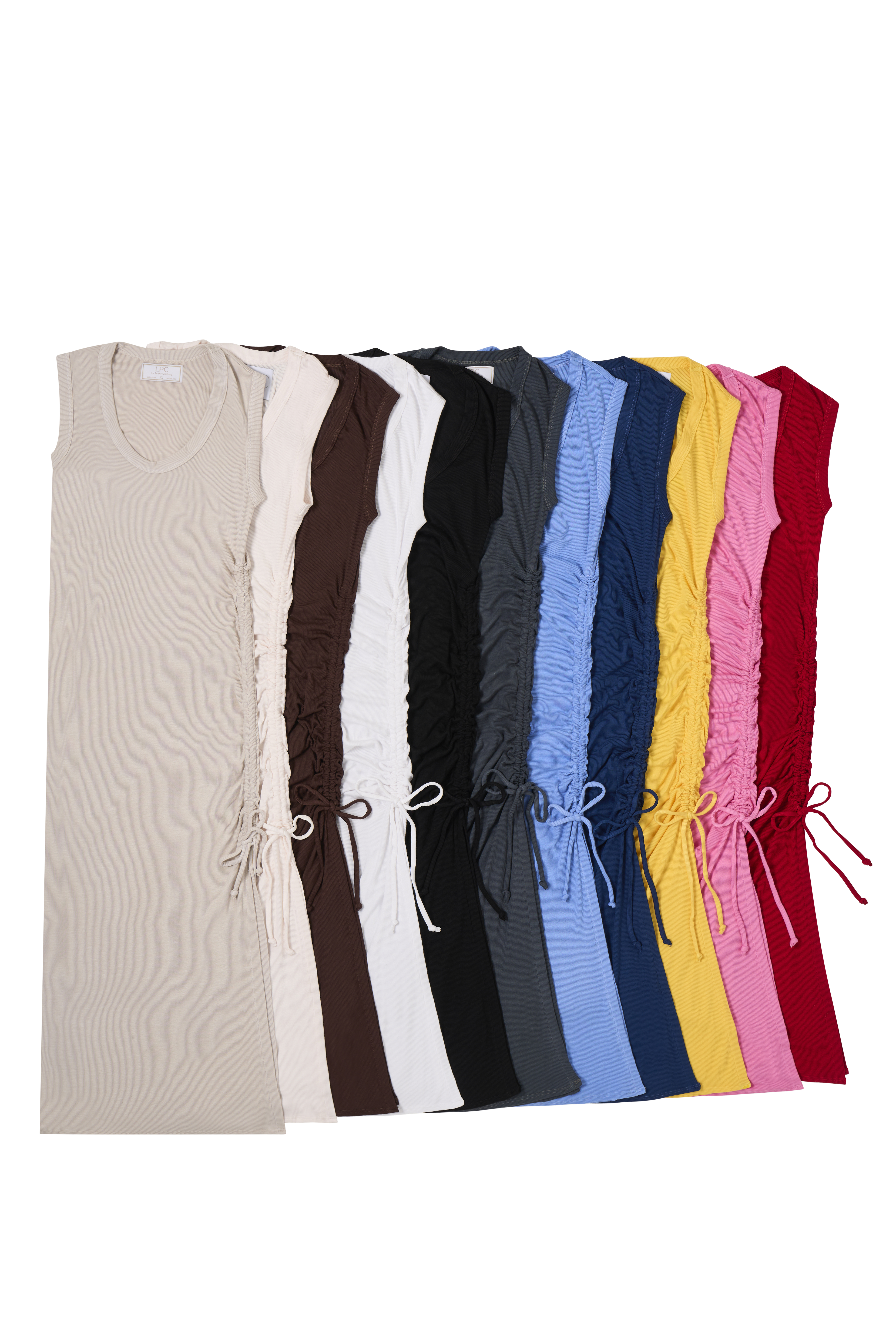 Sero Rayon rib cotton U-scoop dress hits slightly below the knee with adjustable tie slit.  Comes in many colors.  XS-XL