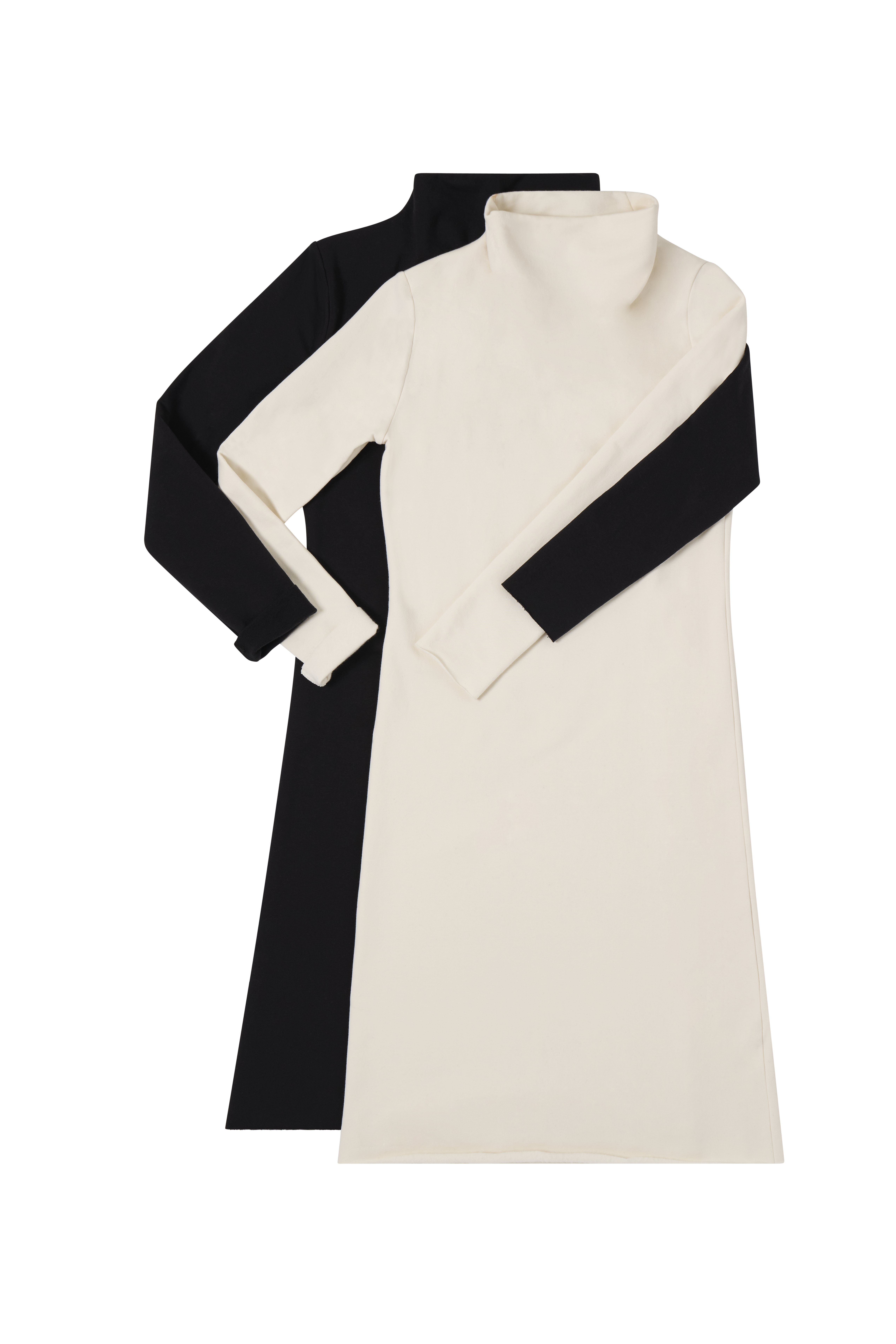 Tencel Modal Cotton with Elastane Fleece A-line long sleeve dress with styled mock neckline.  Hits below knee.  Available in cream, black and coastal gray.  XS-XL
