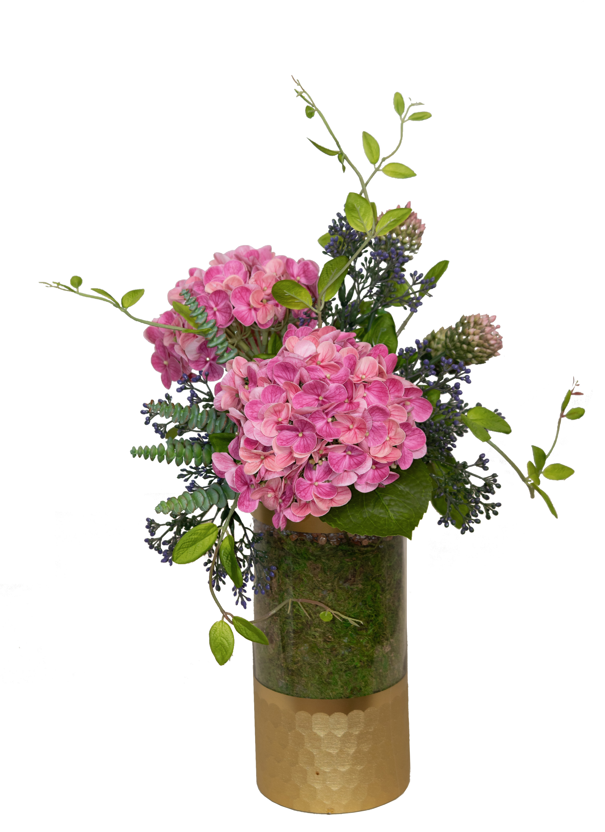 Pink Hydrangeas with greenery in a gold glass vase