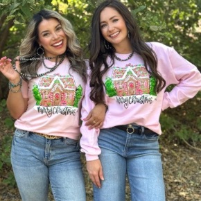 How precious is this gingerbread house?! You can't help but want to buy this design!  Shown on a Bella Canvas light pink t-shirt and a Gildan light pink crew neck sweatshirt.