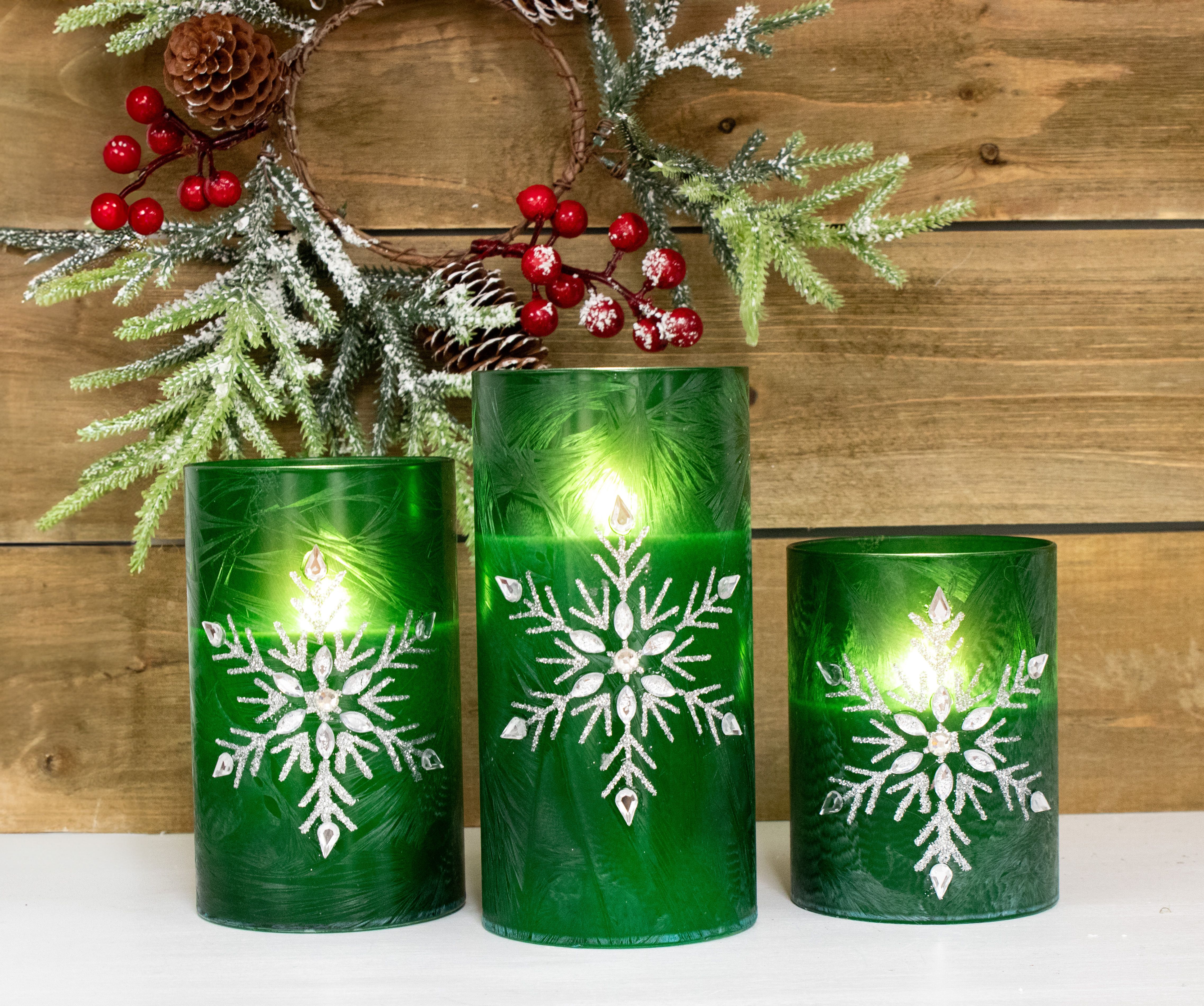 Set of 3 LED Flickering Green Glass Candles