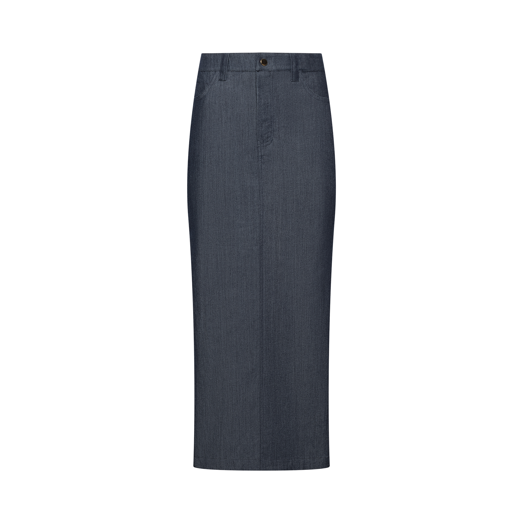 Luxury Italian Lightweight Denim Long Skirt with button enclosure.  Features two side slits.  Indigo Enzyme Wash.  XS-XL
