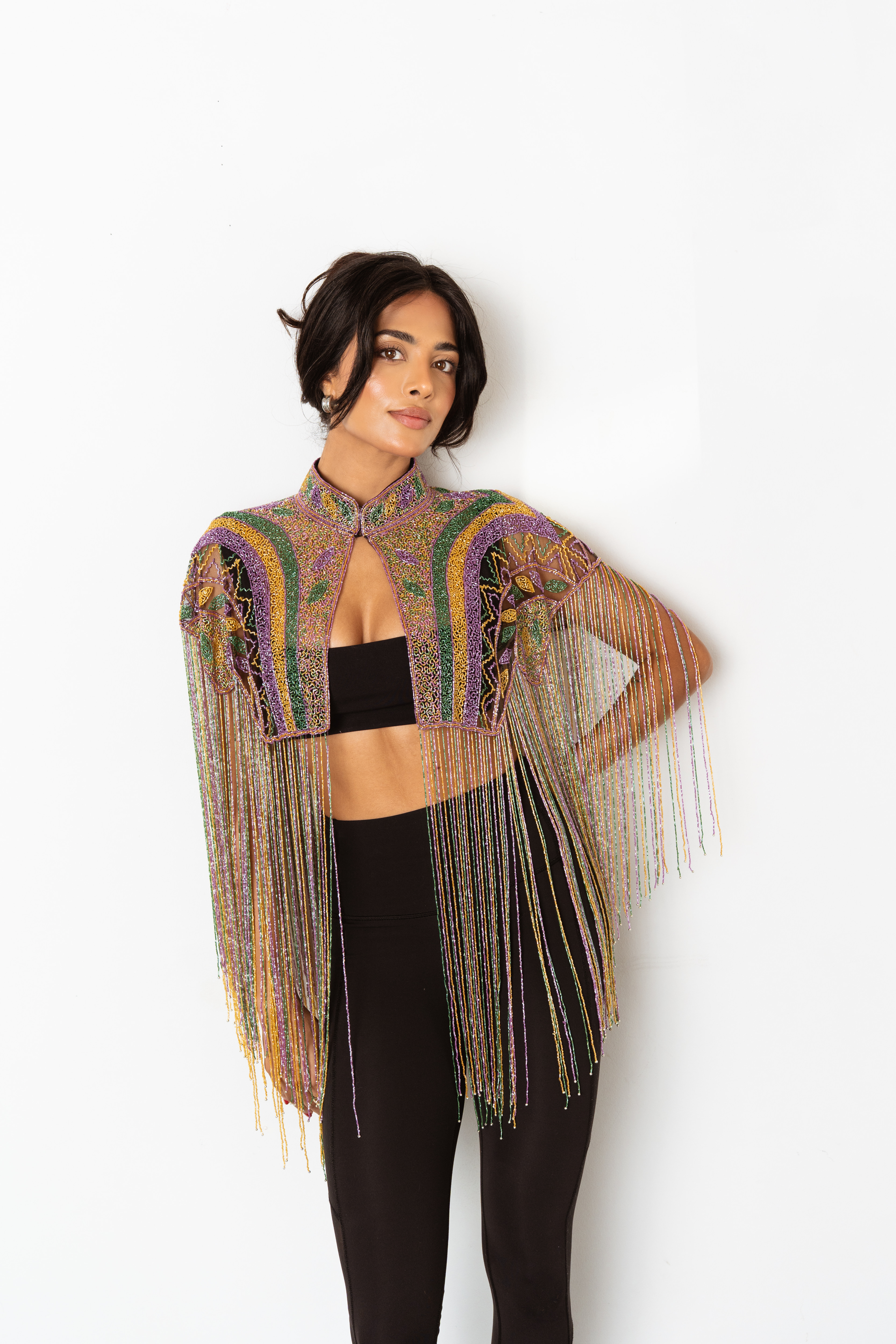 Hand Beaded Fringe Capelet in Purple, Green, and Gold