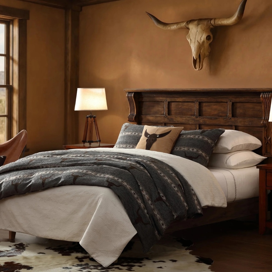 Inspired by the great cattle drives, Chisholm weaves iconic longhorn motifs and geometric banding into plush chenille jacquard, woven into the fabric so it won't fade or wash off.