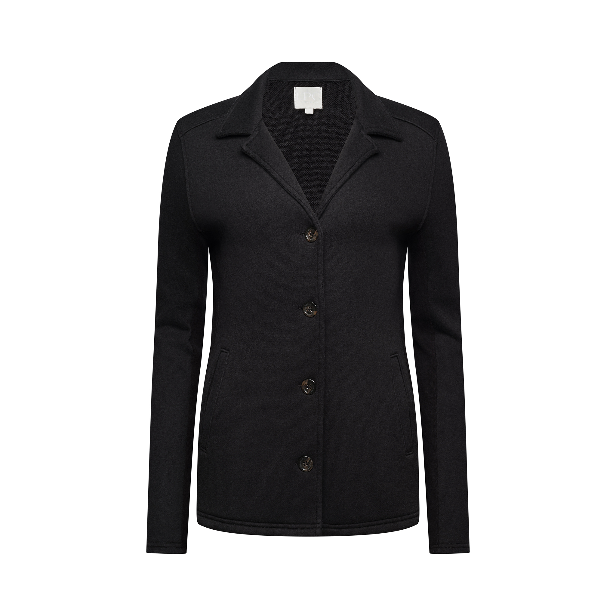Luxury Italian Cotton Button Up Blazer with Luxury contrast Italian Rib on sides and under arms to maximize ideal fit.  Available in black.  XS-XL