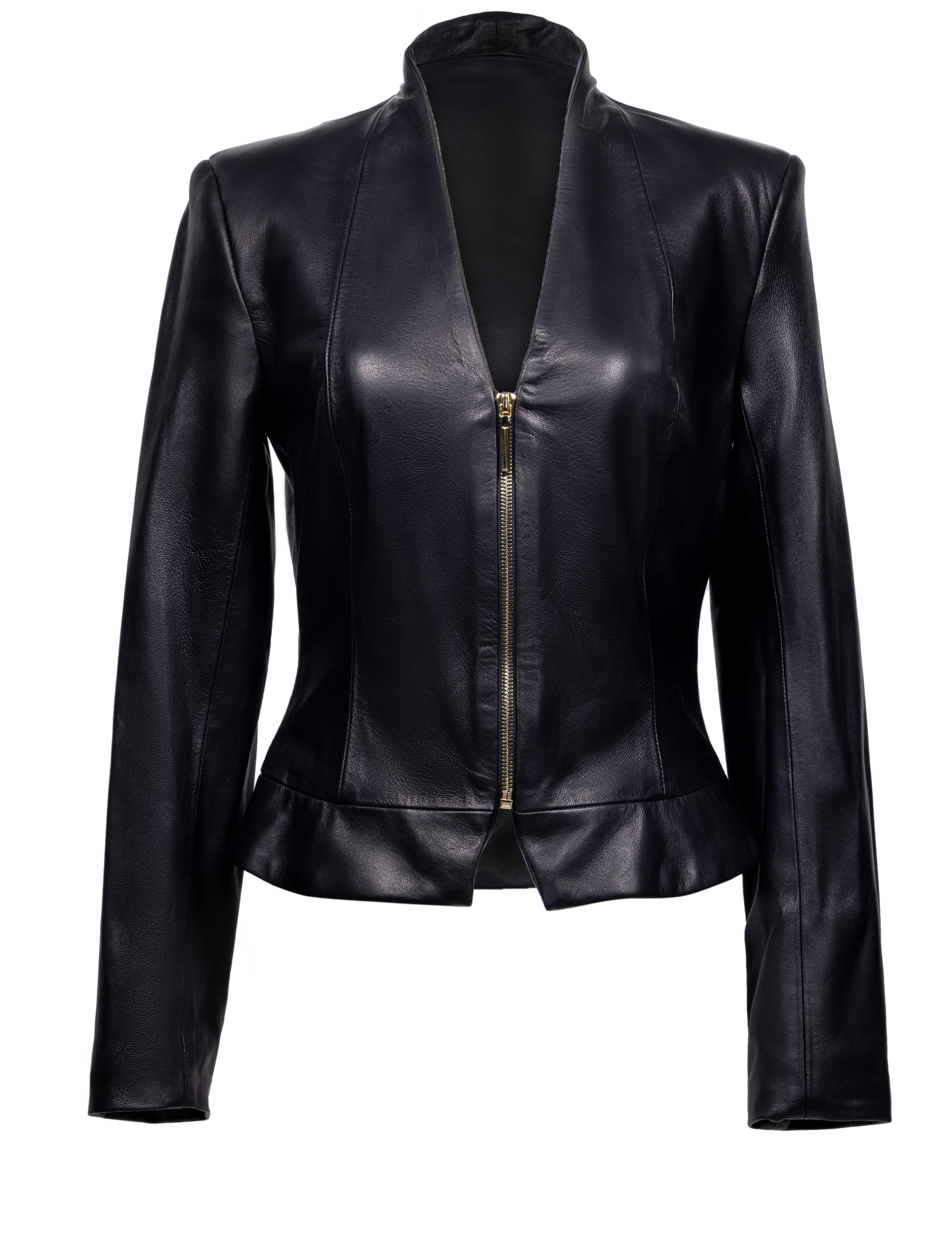 Buttery soft ethically sourced sourced lambskin short, fitted jacket lined in 100% silk and features a premium gold zipper and tailor v-neckline.  Available in black or cream.  XS-XL